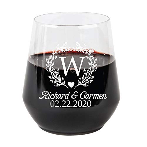 Personalized Elegant Monogram Wreath 12oz Clear Plastic Stemless Wine Glass - BPA-Free Reusable Cup for Wedding, Anniversary, Engagement Party Favors - Durable & Dishwasher Safe - Perfect for Bridal Showers, Holiday Gatherings & Outdoor Events