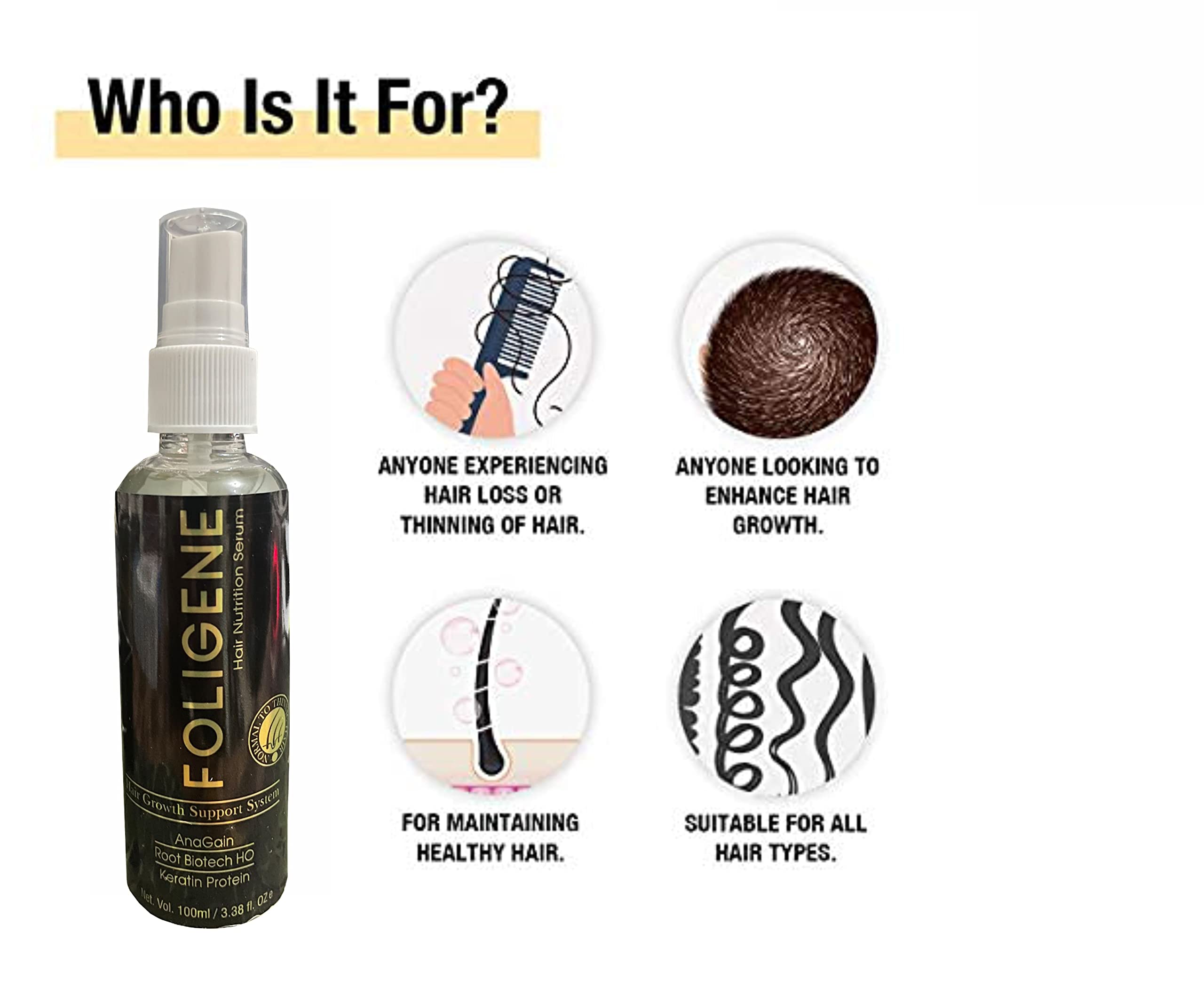 Rotex Foligene Hair Growth Serum with Anagain & Keratin Protein - 100ml Hair Treatment for Thicker, Stronger Hair | Prevents Hair Loss & Stimulates Growth | Ideal for Daily Use, Post-Wash Care & Scalp Nourishment