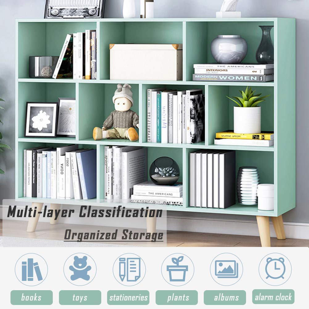 IOTXY 3-Tier Wooden Open Shelf Bookcase - Floor Standing Display Cabinet with 10 Storage Cubes, Modern Tiffany Green Bookshelf for Living Room, Bedroom & Office Organization
