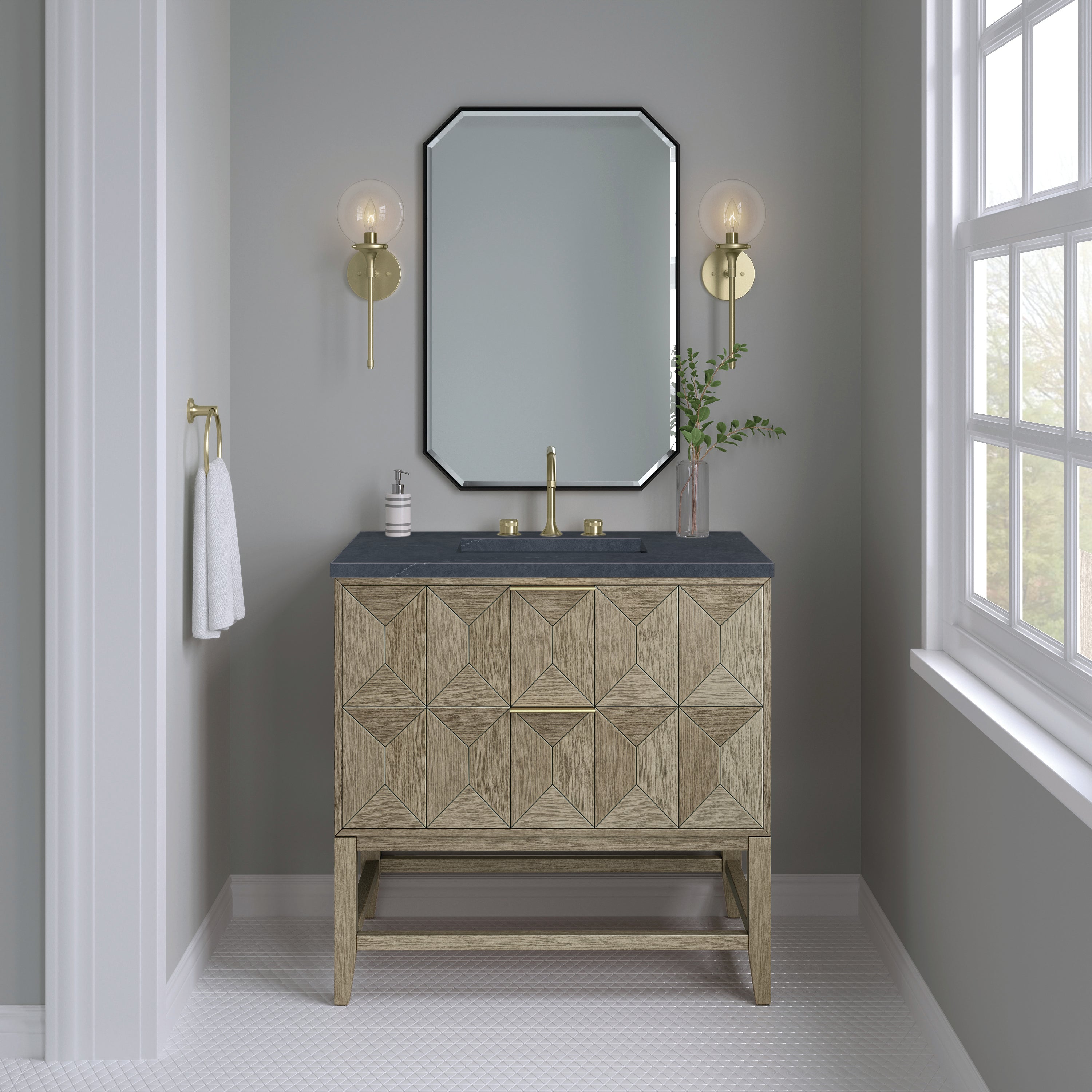 Emmeline 36 Inch Single Bathroom Vanity with Pebble Oak Finish & 3CM Charcoal Soapstone Top - Perfect for Modern Master Bathrooms & Powder Rooms