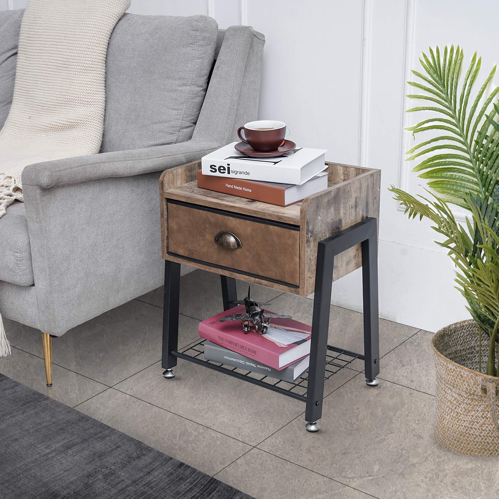 Rustic Nightstand with Drawer - Modern Tall Brown Bedside Table for Bedroom - Mid Century Night Stand with Sturdy Metal Wood Frame (24 Inch Height) - Perfect for Small Spaces, Apartment Living & Guest Rooms