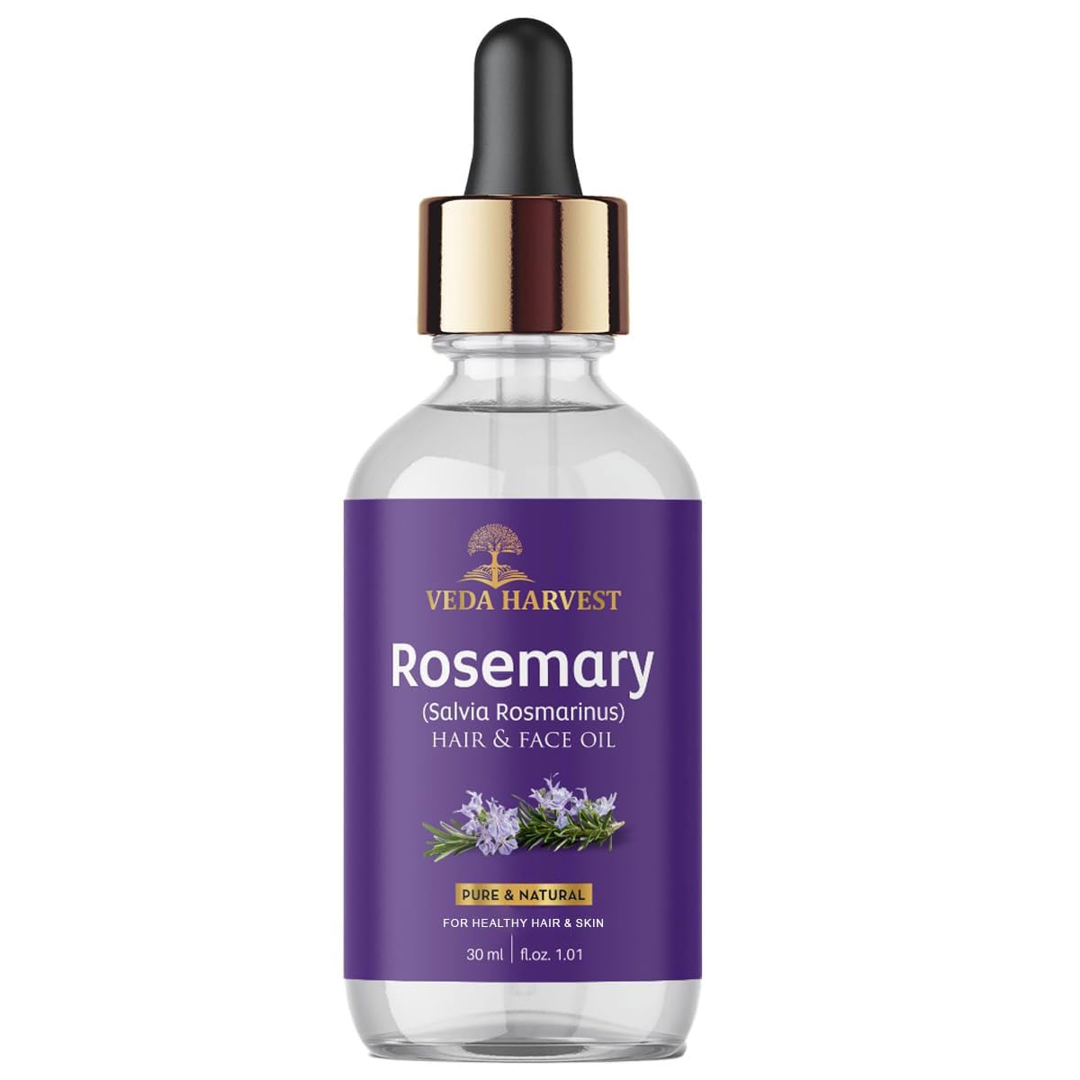 VEDAHARVEST Pure Rosemary Essential Oil 30ml - Natural Hair Growth Serum for Thicker Hair, Scalp Treatment for Hair Loss & Dandruff Control - Skin Care Essential Oil for Face & Body - Perfect for Daily Hair Care Routine & Aromatherapy