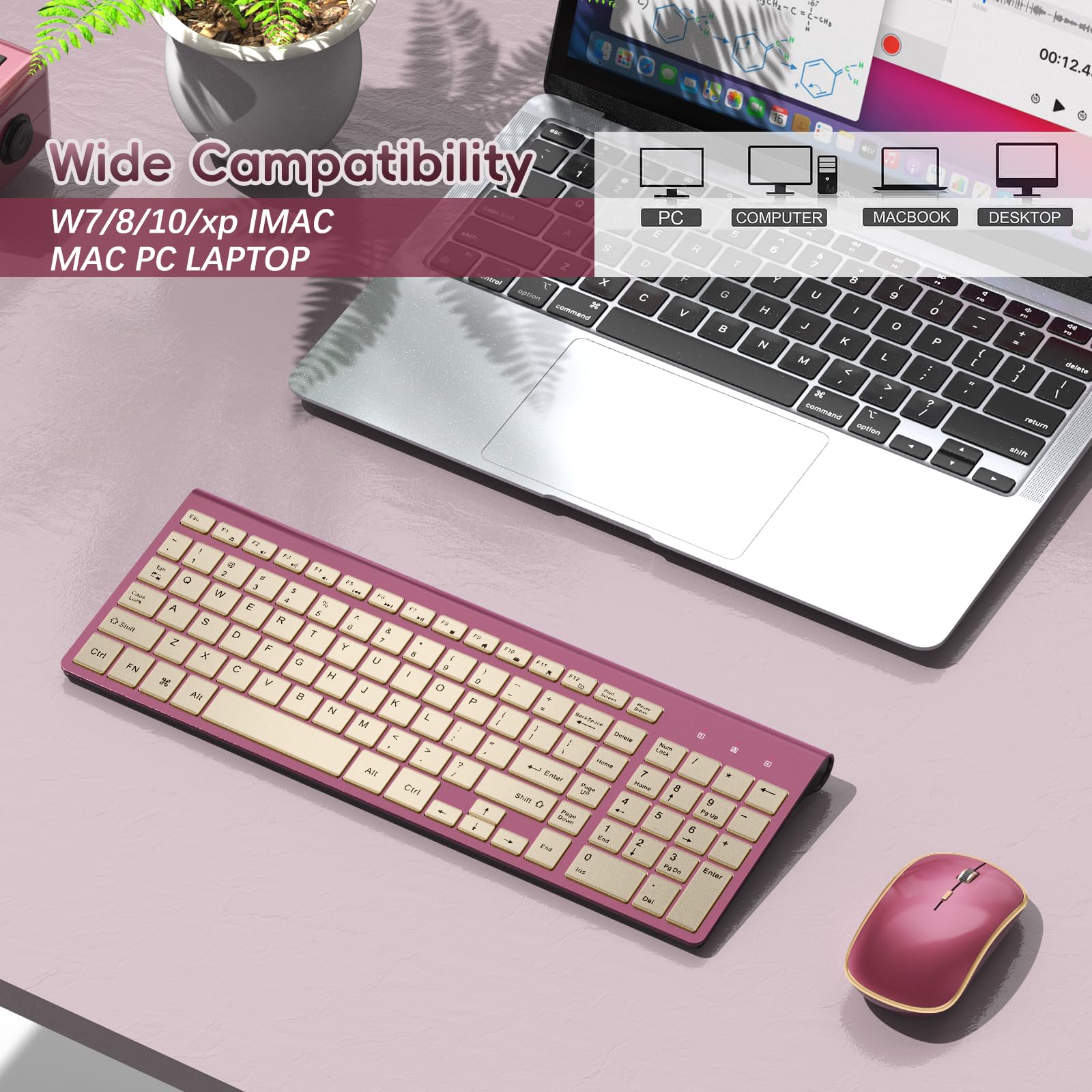 JOYACCESS 2.4G Wireless Keyboard and Mouse Combo - Slim Ergonomic Full-Size Portable Design for Laptop PC Windows Mac - Wine Red & Gold - Perfect for Home Office Gaming and Remote Work