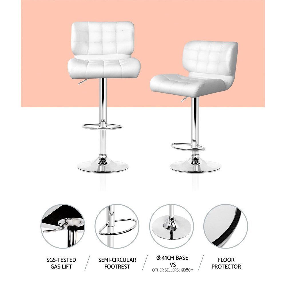 4 Bar Stools with Gas Lift Mechanism - White Leather Padded Seat - Perfect for Kitchen Island, Breakfast Nook or Home Bar Decor