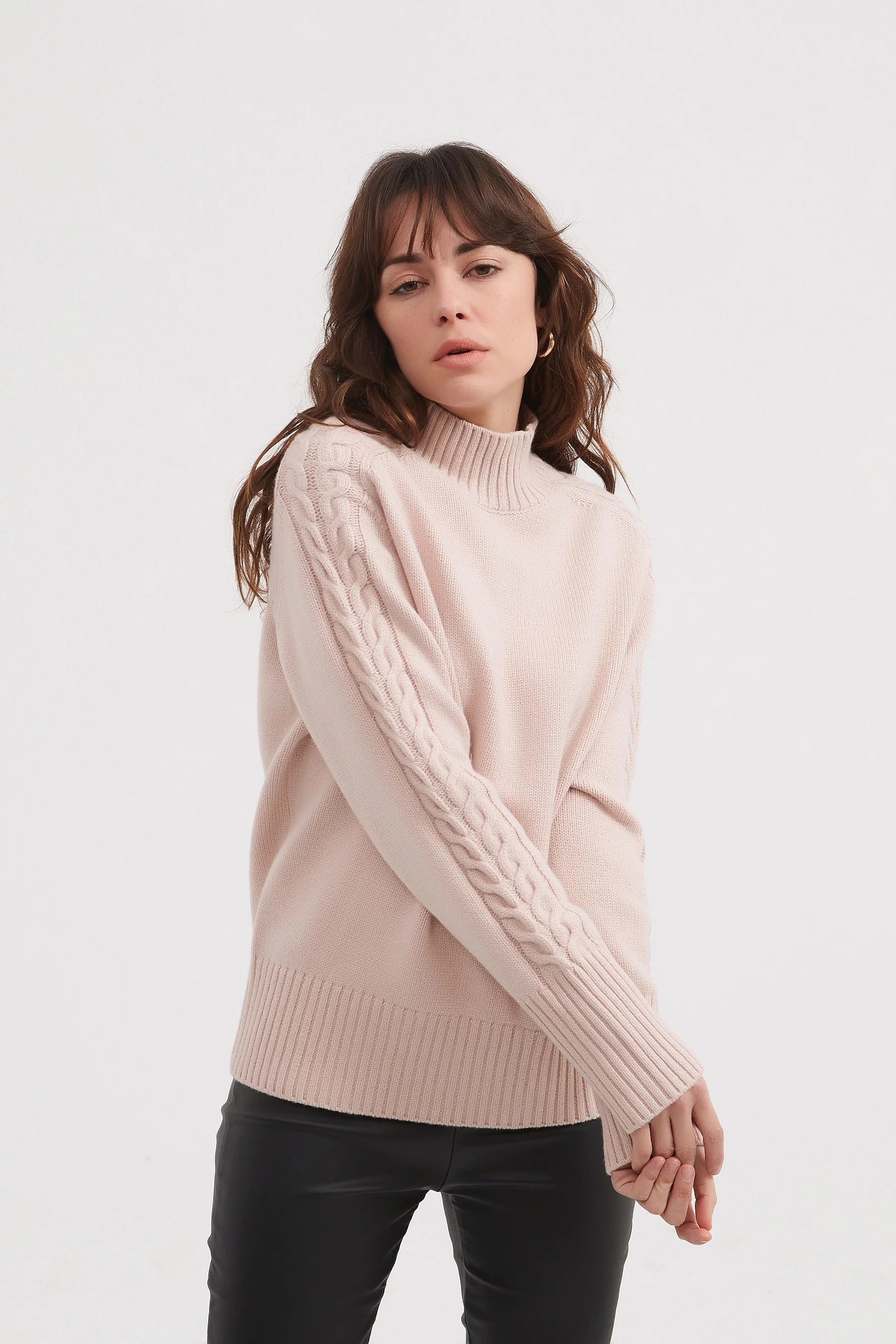 Champagne Knit Cable Sleeve Sweater - Elegant & Cozy Women's Pullover for Fall & Winter | Perfect for Office, Dates & Casual Outings