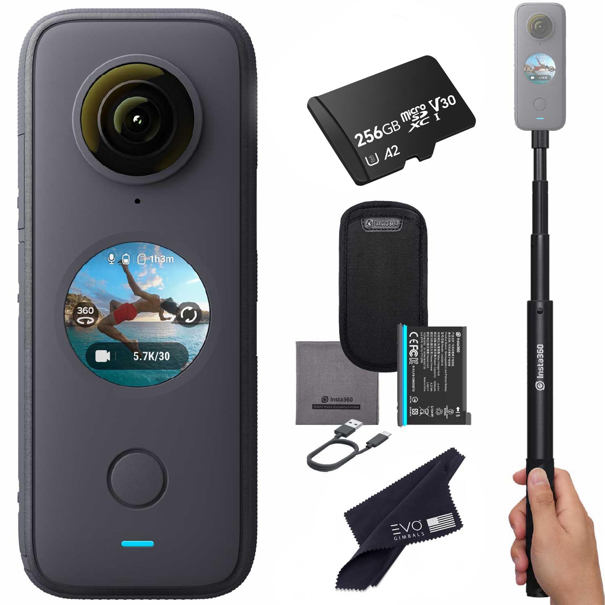 Insta360 ONE X2 360 Degree Camera with 5.7K Touchscreen - 18MP 360 Photos, Steady Cam Mode, InstaPano | Includes Selfie Stick & 256GB SD Card | Perfect for Vlogging, Travel Adventures & Action Sports