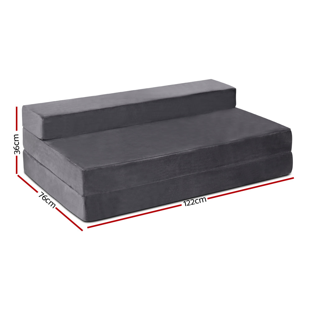 Double Size Folding Foam Mattress - Portable Guest Bed & Floor Mat - Velvet Dark Grey for Camping, Sleepovers & Small Spaces