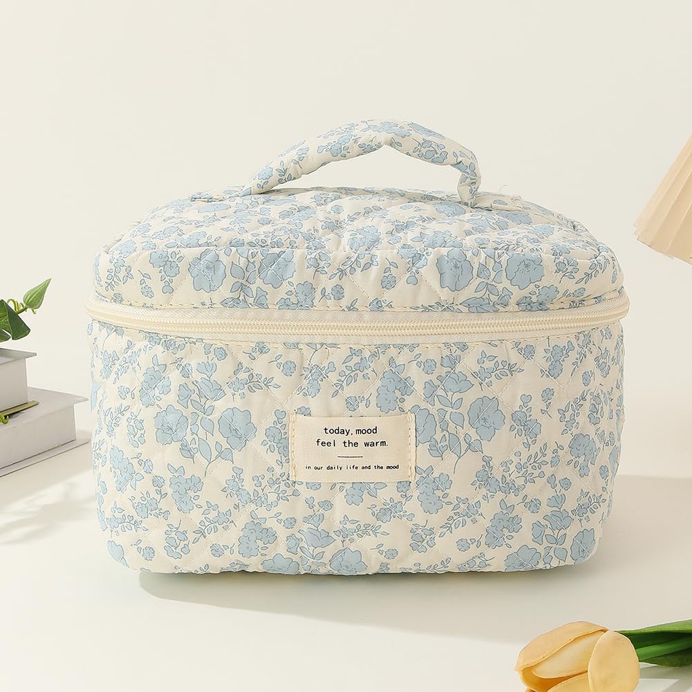 JQWSVE Floral Coquette Makeup Bag - Large Cotton Quilted Cosmetic Pouch for Travel, Toiletries & Essentials | Aesthetic Cute Design for Women & Teens | Perfect for Vacation, Gym, Daily Use & Gift Giving