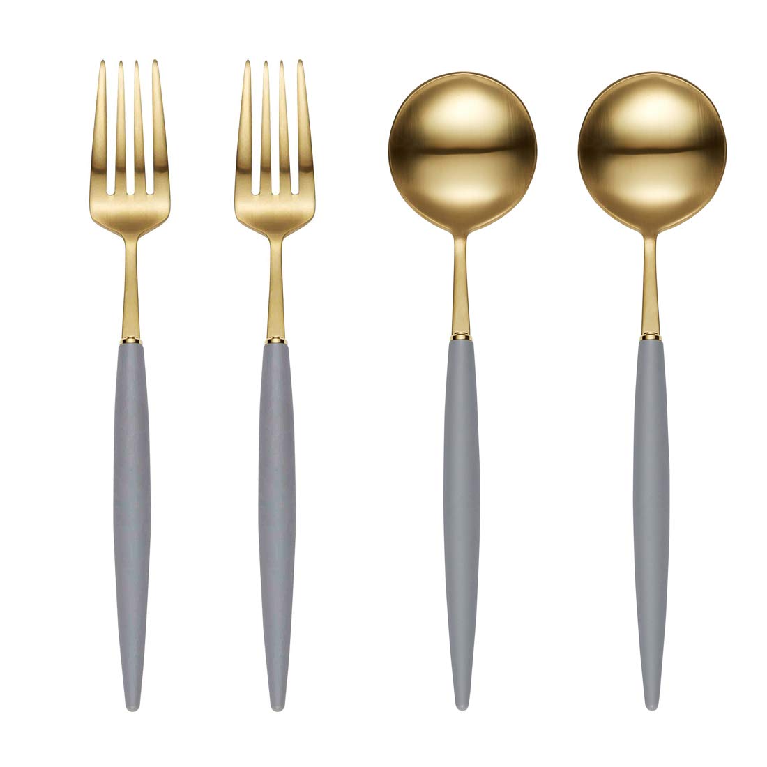 Premium 18/10 Stainless Steel Flatware Set - 4-Piece Bogen Eiffel Dinnerware Cutlery with 2 Soup Spoons & 2 Dessert Forks (Gold/Grey Matte Polycarbonate) - Elegant Tableware for Fine Dining, Wedding Gifts & Home Entertaining