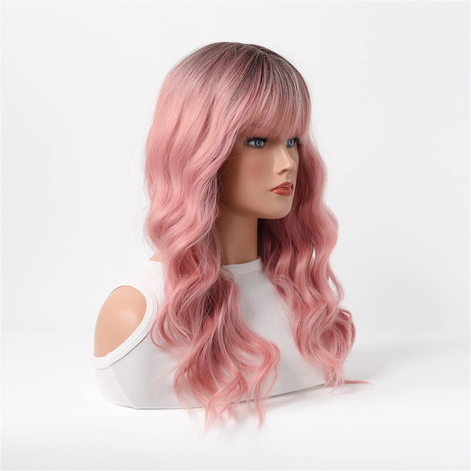 Heat Resistant Synthetic Wavy Hair with Flat Straight Bangs - Perfect for Cosplay, Costumes & Everyday Styling