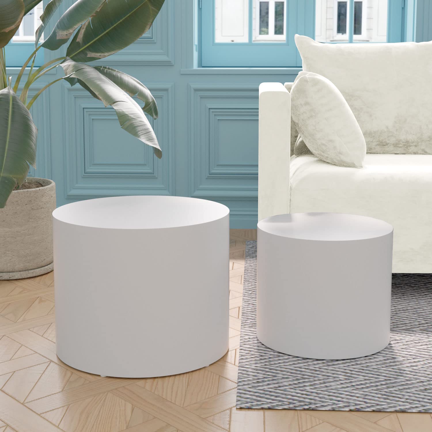 WilliamsSpace 2-Piece Nesting Coffee Table Set - Round Wooden Modern Side Tables in Matte White for Small Spaces, Living Room, Bedroom | Accent & End Tables for Cozy Home Decor