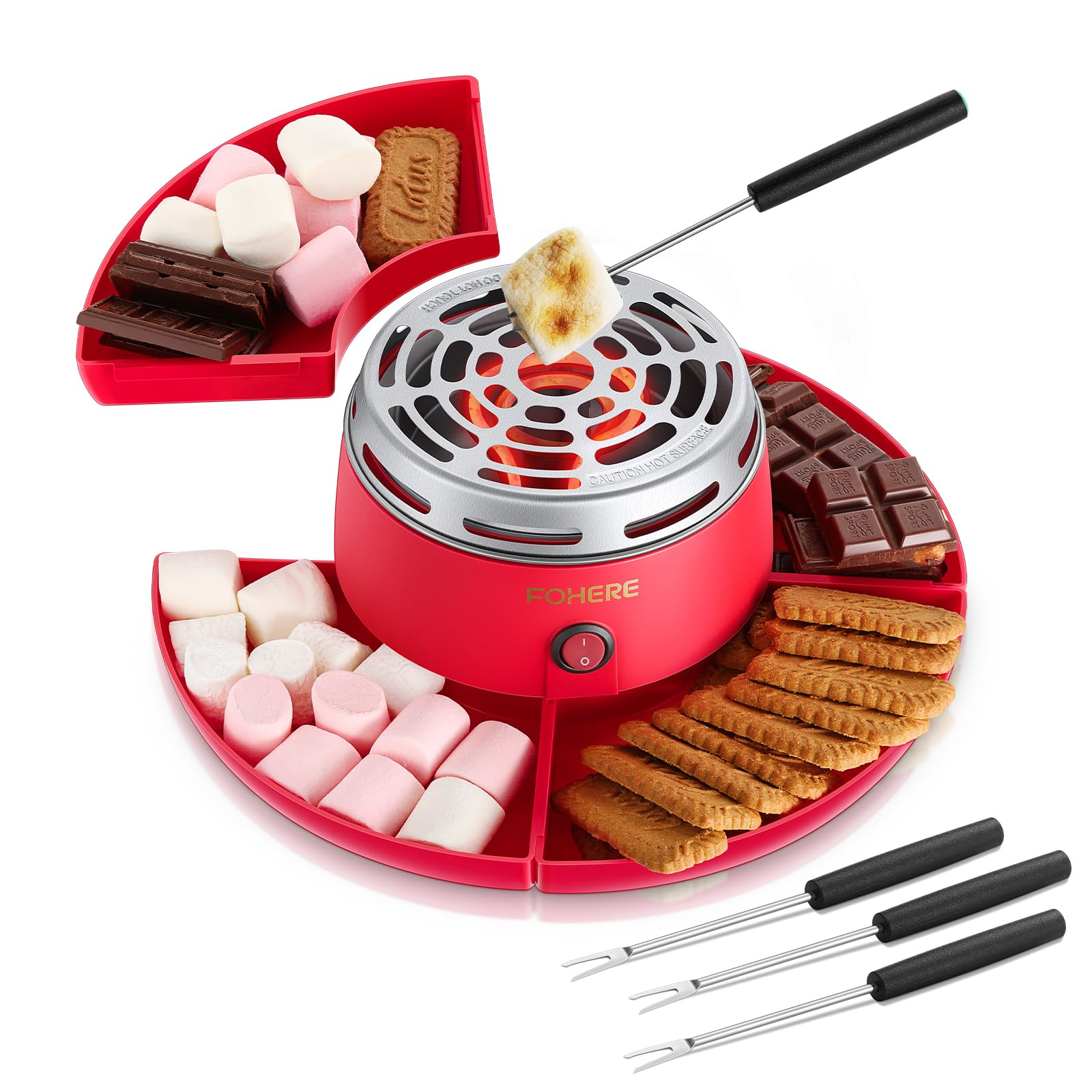 FOHERE Electric Smores Maker Indoor Flameless Marshmallow Roaster with 4 Detachable Trays & 4 Roasting Forks - Perfect for Movie Nights, Camping at Home, Housewarming Gifts & Family Gatherings (Red)