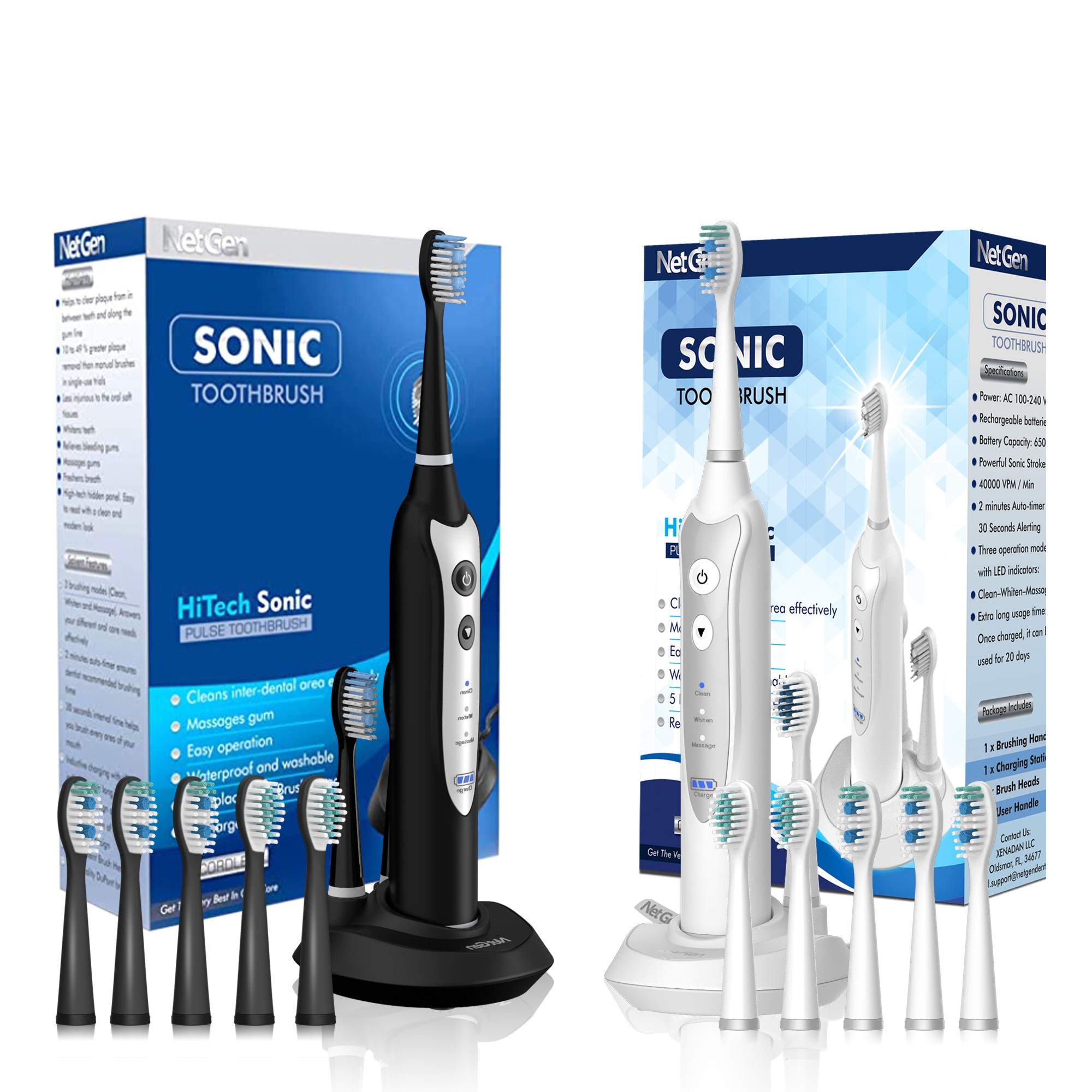 Sonic Electric Toothbrush with 3 Brushing Modes & Timer - 5 Replacement Heads & Fast Wireless Charging - Black/White Travel Toothbrush for Home, Office & Vacation Use