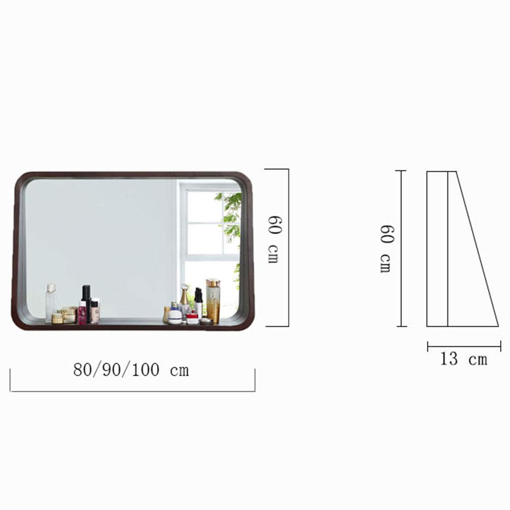 80x60cm Rectangular Polished Safety Wall Mirror with Solid Wood Frame & Storage Shelf - Black Home Decor for Bedroom, Living Room, Entryway & Bathroom Organization