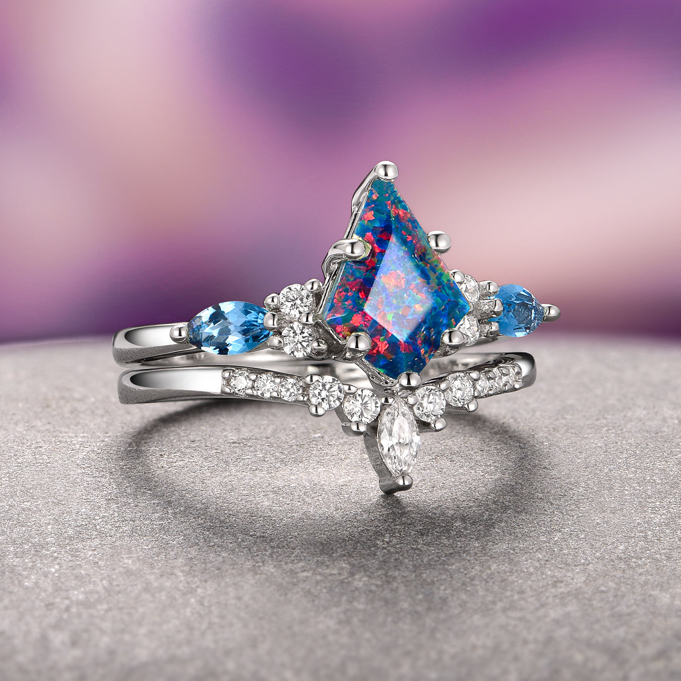 Skye Kite™ Blue Fire Opal & Topaz Engagement Ring Set in 14K White Gold - Elegant Wedding & Promise Ring for Women, Perfect for Proposals, Anniversaries & Special Occasions
