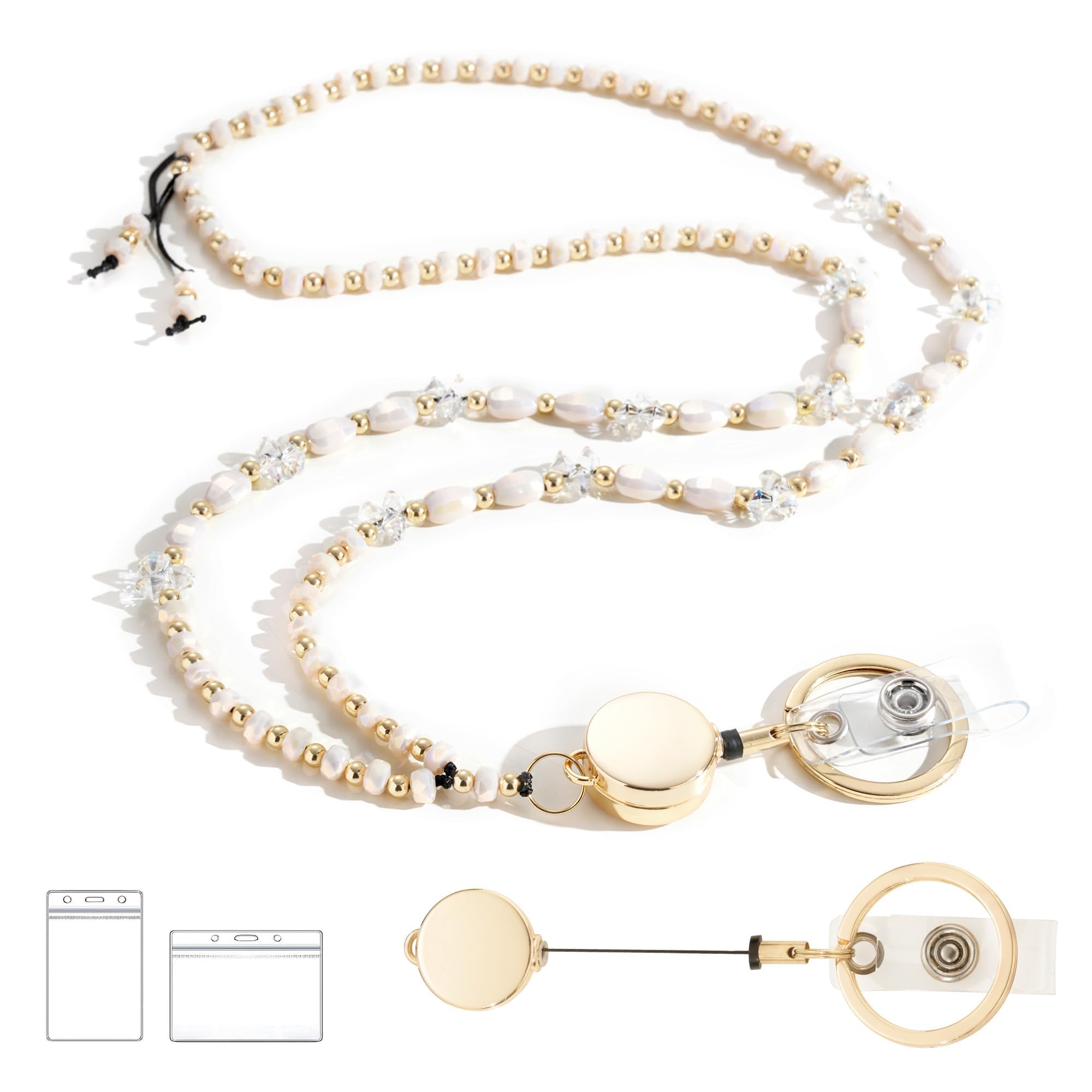 Retractable Beaded Lanyard for ID Badges & Keys - Cream Crystal for Women & Teachers - Office & School Use