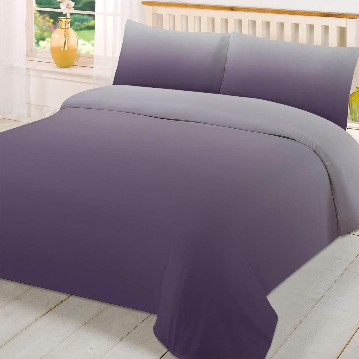 Luxury Full Size Duvet Cover Set - 3 Piece Purple Gray Ombre Cotton Bedding with Pillow Shams | Soft, Cozy & Machine Washable | Perfect for Master Bedroom, Guest Room & Airbnb