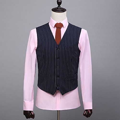 Men's 3-Piece Navy Blue Pinstripe Suit Set - Slim Fit Double Breasted Blazer, Waistcoat & Dress Pants (6 Buttons) | Formal Business Attire, Wedding, Office & Special Occasions