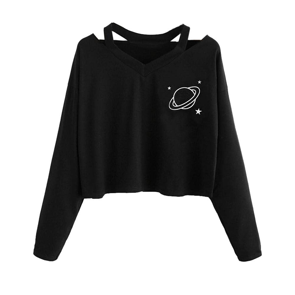 Teaojo Women's Long Sleeve Off Shoulder Cropped Sweatshirt - Cute Planet Printed Pullover Jumper for Teen Girls | Casual Outfit, Streetwear Fashion, Instagram Style