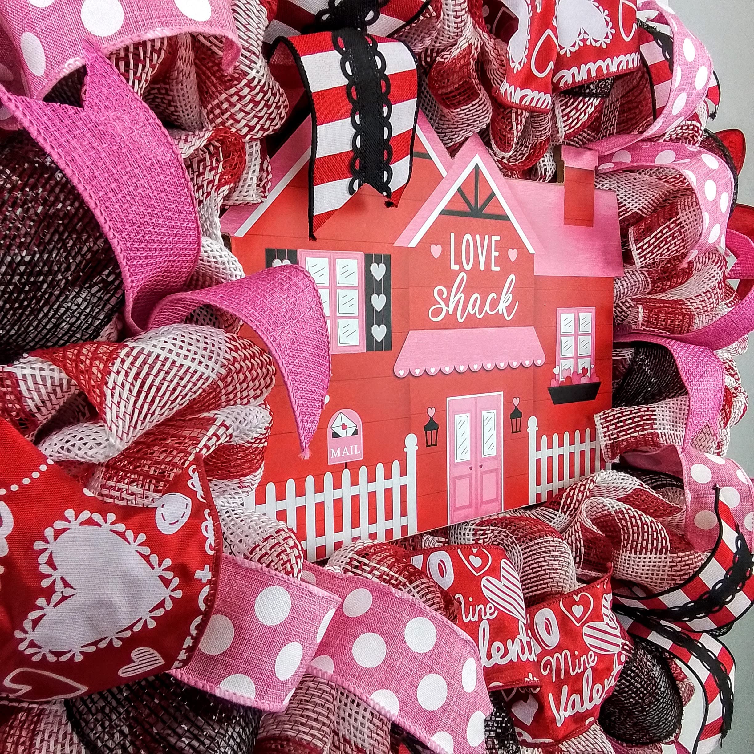 Valentine's Day Wreath - Love Shack Farmhouse Rustic Door Decor in Red, White, Black & Pink - Perfect for Valentine's Decorations, Front Door Welcome Wreath & Seasonal Home Decor