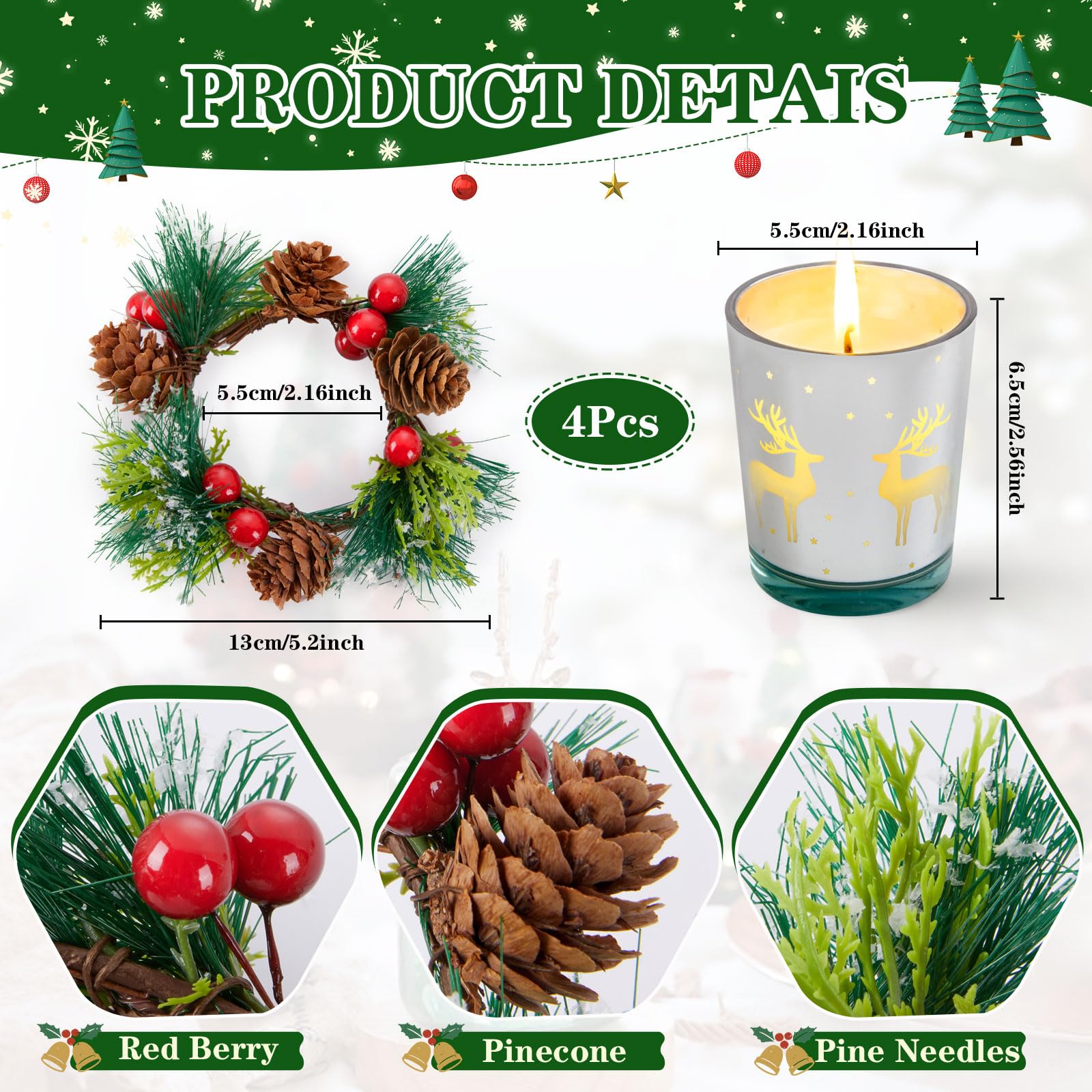 Christmas Candle Holders Rings Wreath Set - 4 Piece Red Berry Pinecone Elk Glass Candle Rings for Holiday Table Decor, Centerpiece, Fireplace Mantel & Christmas Party Decorations