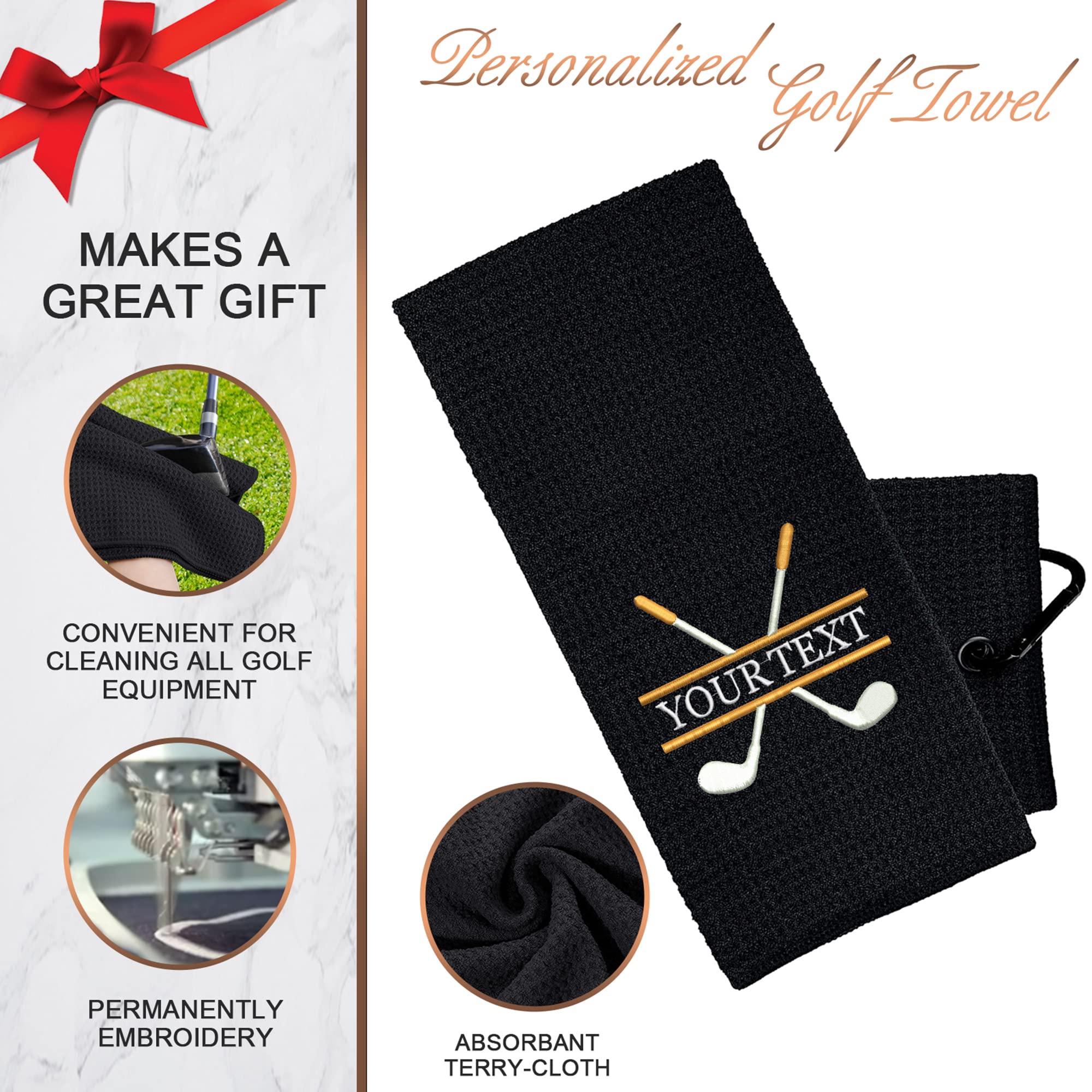 Custom Embroidered Golf Towel with Clip - Personalized Golf Gift for Men - Durable & Absorbent Golf Accessory for Golf Bags (Black) - Perfect for Golf Tournaments, Practice Sessions & Club Events
