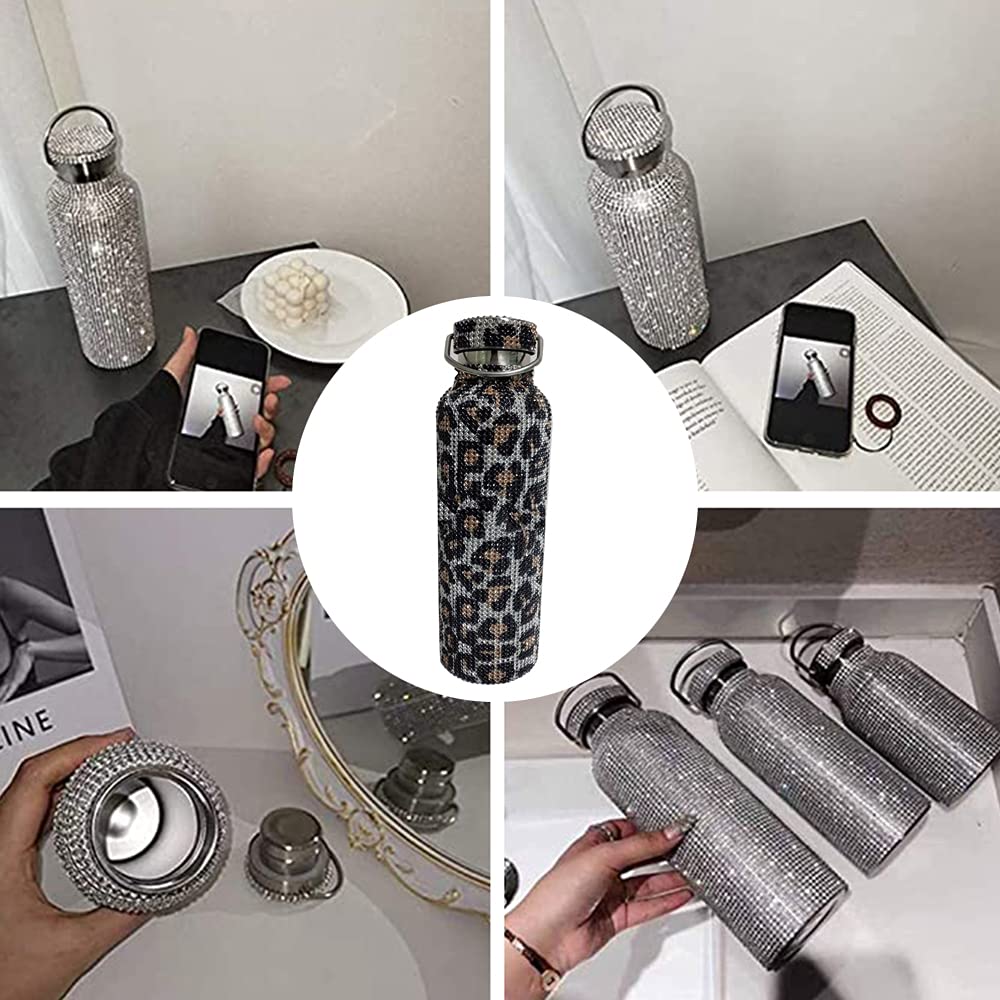 Sparkling Rhinestone Insulated Water Bottle - Bling Diamond Stainless Steel Double Wall Vacuum Thermos with Chain - 750ML Leakproof Travel Tumbler for Women, Gym, Office & Outdoor Activities