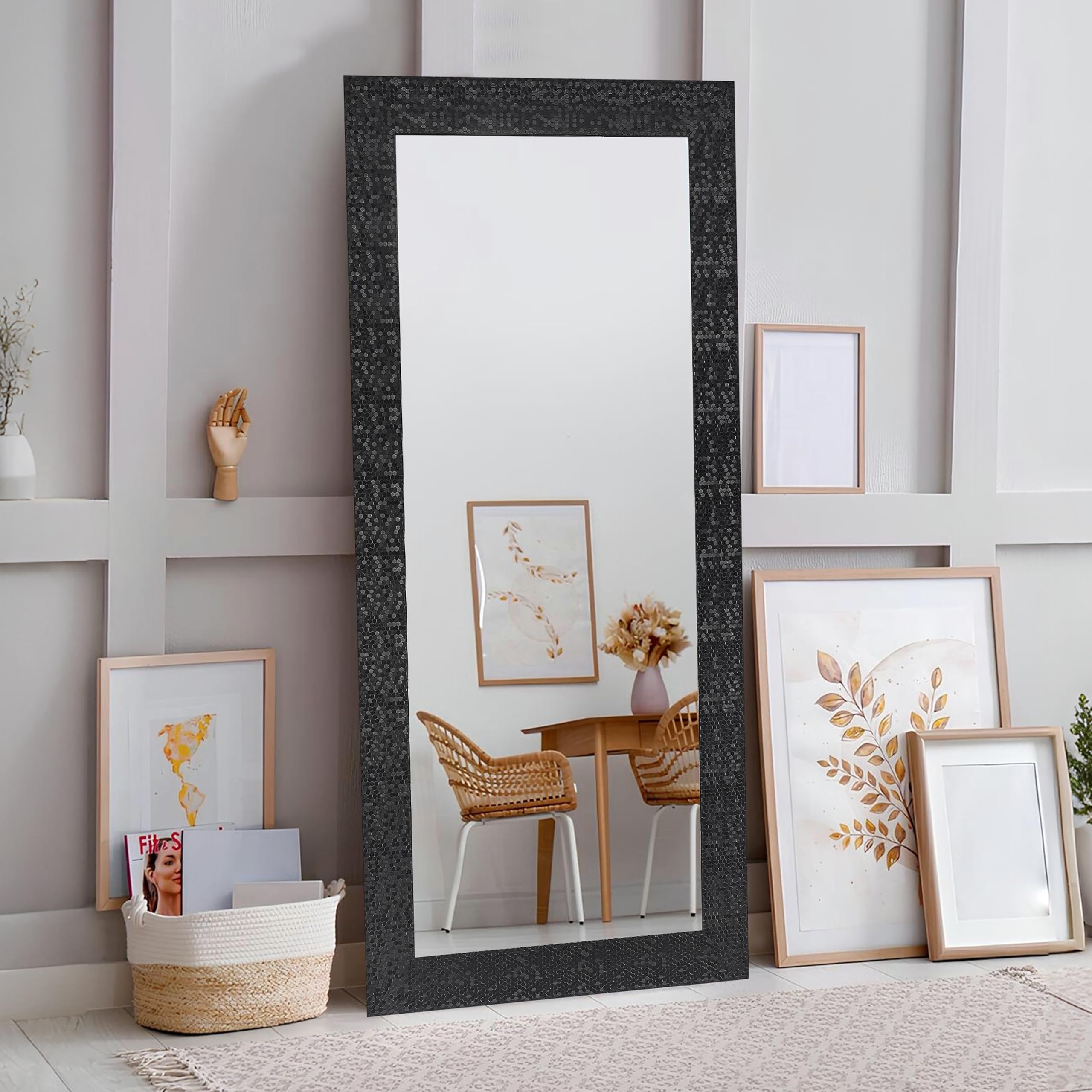 Naomi Home Mosaic Full Length Mirror - Large Black Wall or Floor Mirror for Bedroom, Living Room & Dressing Room Decor