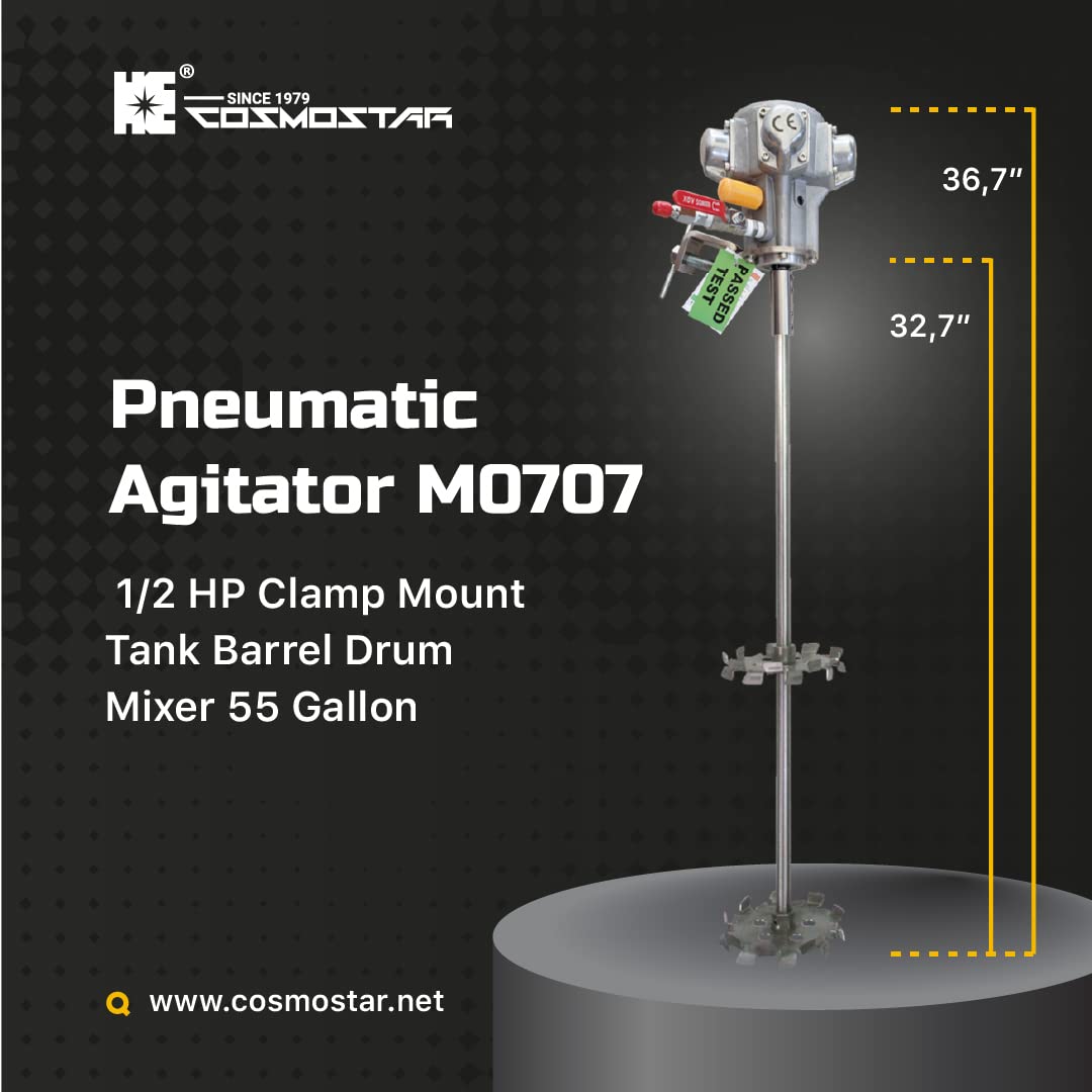 COSMOSTAR 55 Gallon Pneumatic Paint Mixer - 1/2 HP Air Agitator with 7 N.M Torque & Clamp Mount | Barrel Drum Mixer for Paint, Chemicals, Adhesives | Perfect for Industrial, Automotive & DIY Paint Mixing Projects