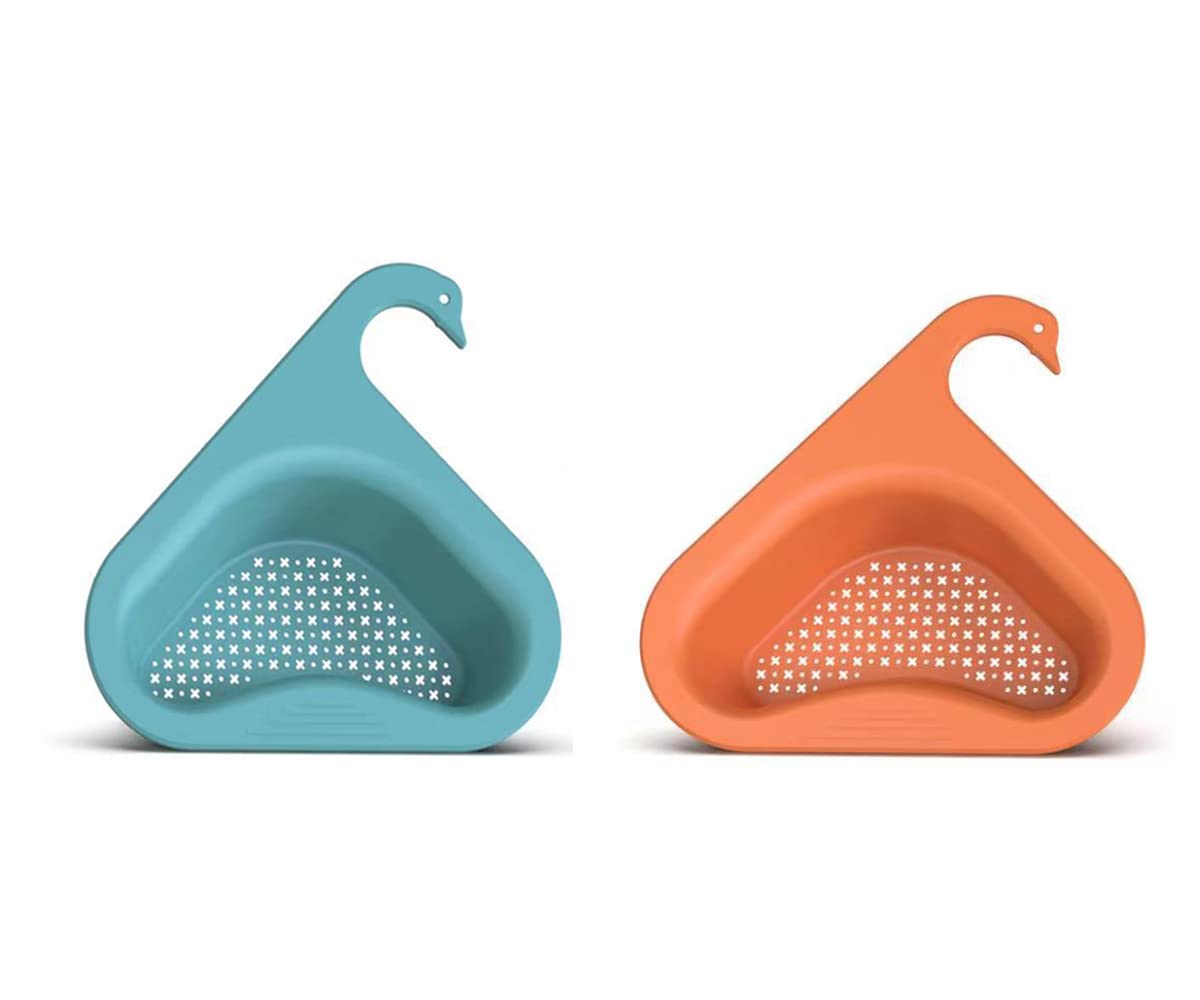 Stainless Steel Kitchen Sink Drain Basket & Faucet-Mounted Sponge Holder - 2 Pack (Blue + Orange) - Universal Fit for All Sink Types | Perfect for Dishwashing, Vegetable Cleaning & Kitchen Organization