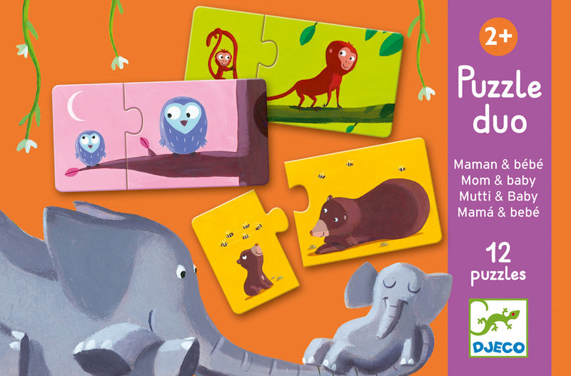 Duo Mum and Baby 24-Piece Toddler Puzzle Set by Djeco - Educational Wooden Animal Matching Game for Early Learning & Parent-Child Bonding