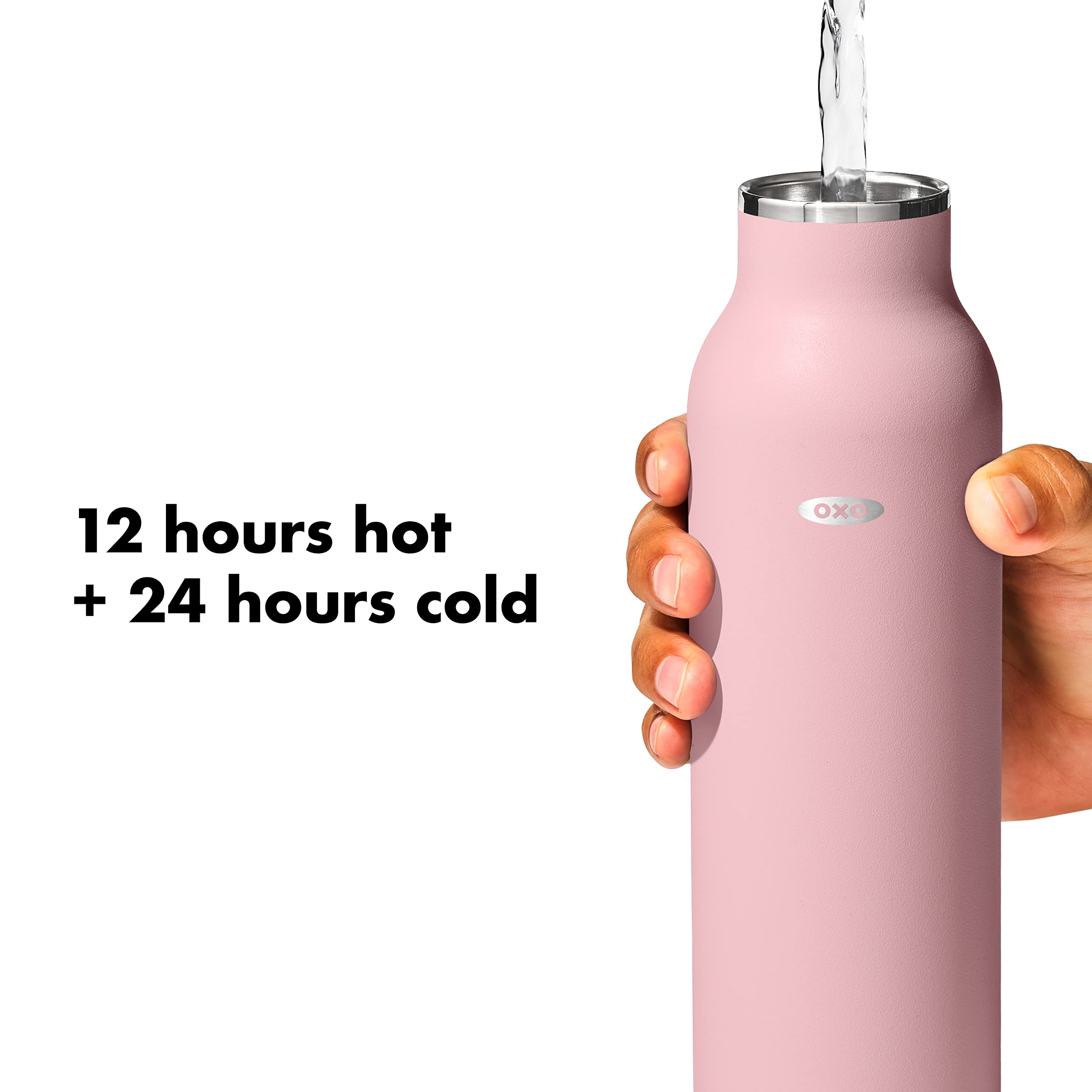 OXO 24oz Insulated Stainless Steel Water Bottle - Leakproof, BPA-Free, Keeps Drinks Hot/Cold for 24 Hours - Perfect for Gym, Hiking, Travel & Office (Rose Quartz)