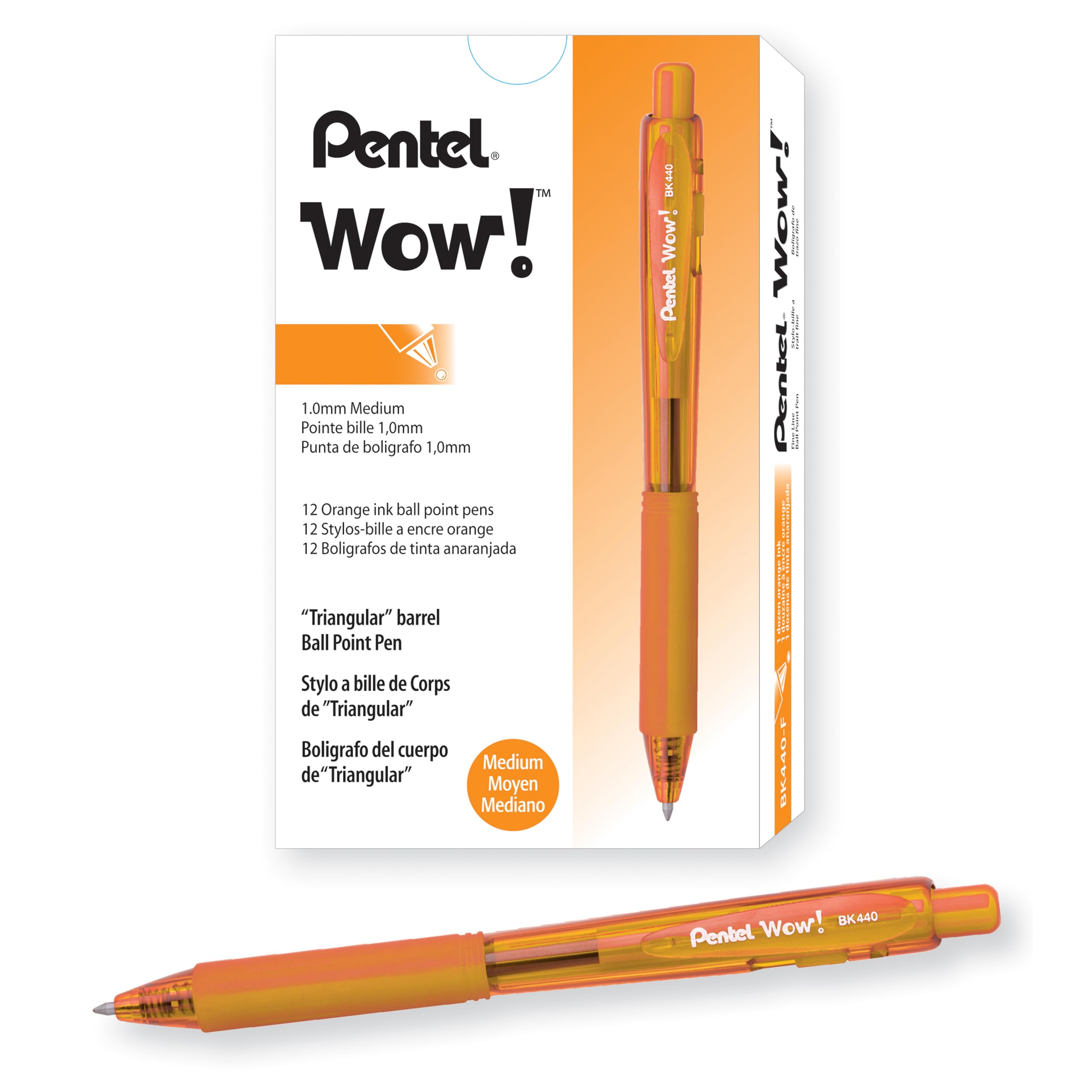 Pentel WOW! Retractable Ballpoint Pens - Medium Point (0.7mm), Smooth Orange Ink, 12-Pack (BK440-F) - Perfect for Office, School & Note Taking