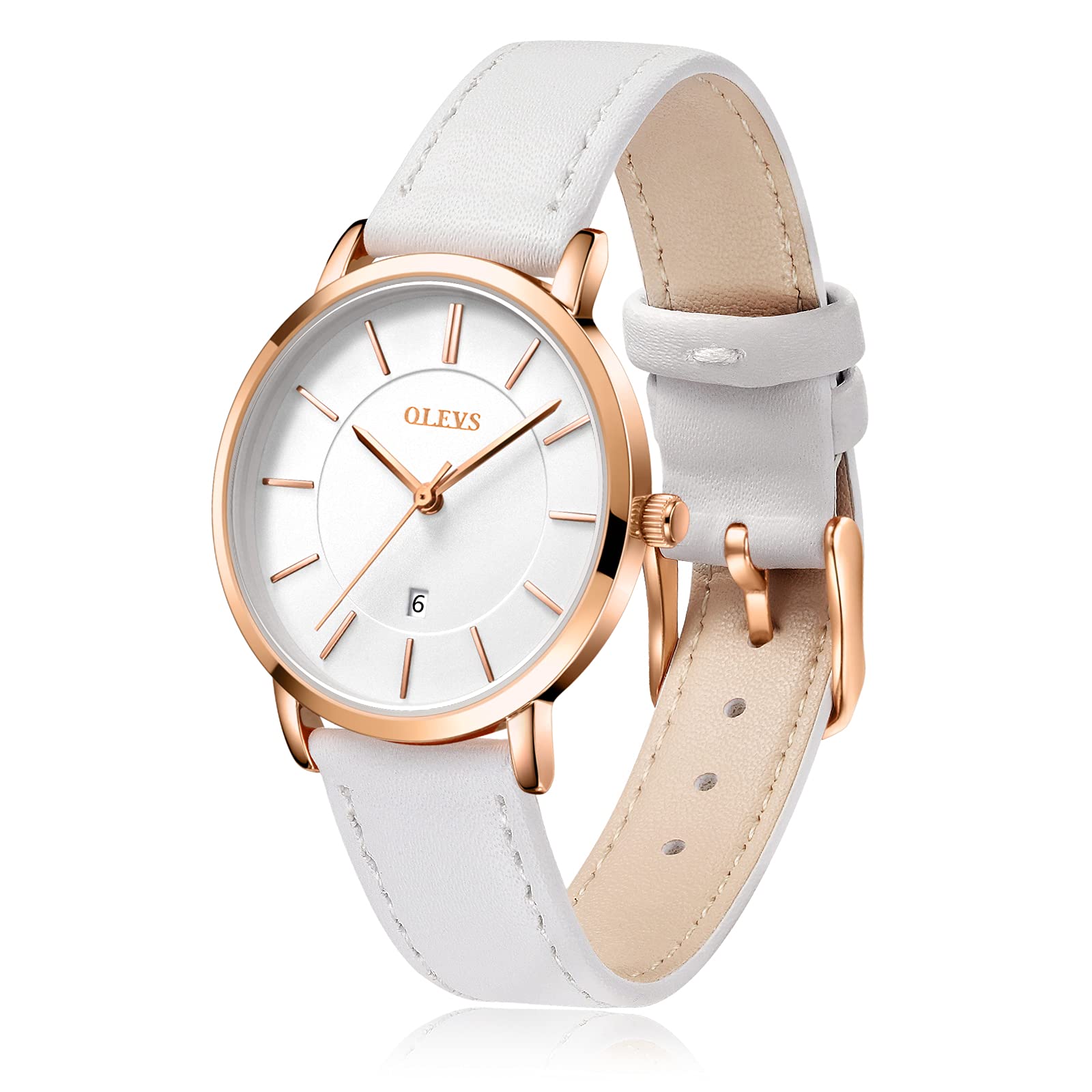 OLEVS Women's Waterproof Analog Quartz Watch - Ultra Thin White Leather Strap with Date Calendar - Elegant Wristwatch for Women - Perfect Gift for Her - Ideal for Office, Party & Everyday Wear