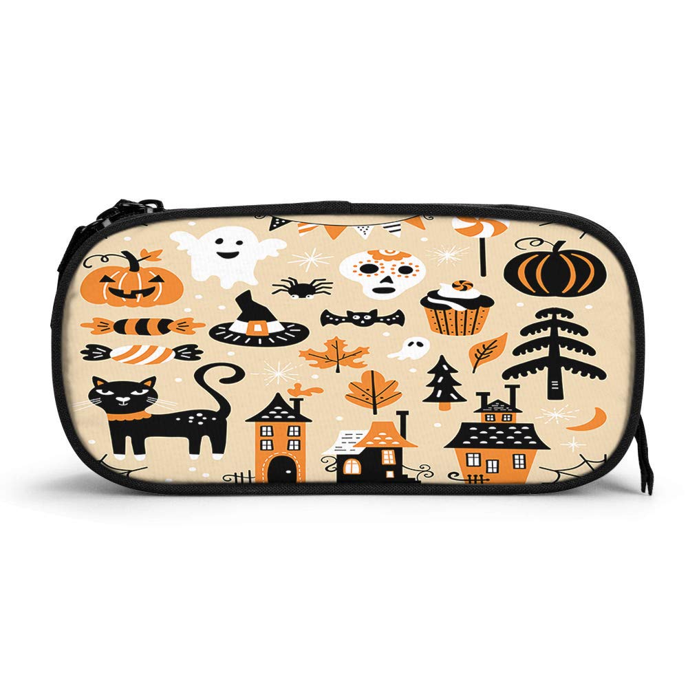 Halloween Themed Large Capacity Pencil Case - Cute Pumpkin, Cobweb, Cat, Witch Hat, Ghost, Maple Leaf & Bat Designs - Durable Zippered Stationery Pouch for School, Office, Students (Boys & Girls) - Perfect for Halloween Parties, School Supplies & Gift Giving
