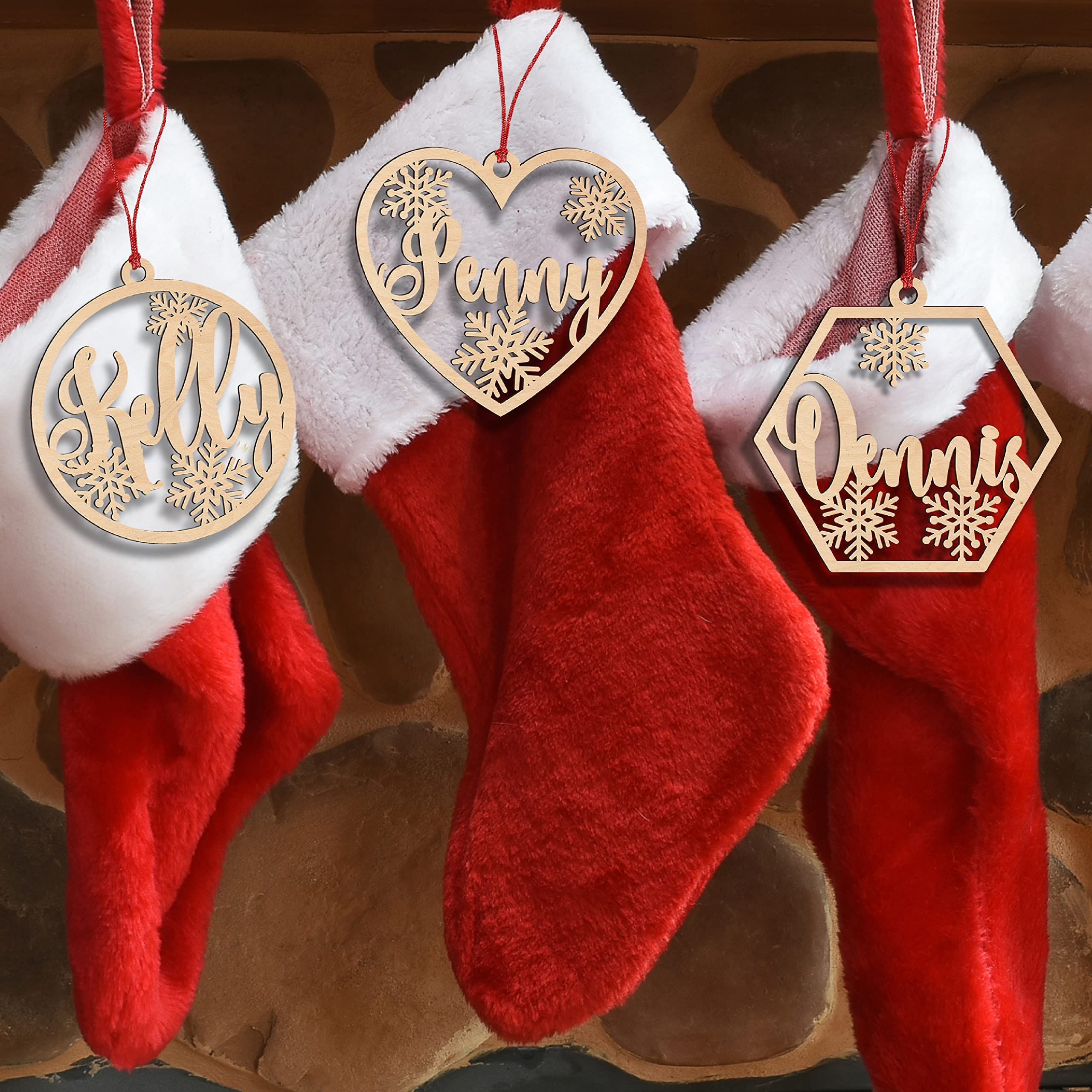 Personalized Christmas Stockings Name Tags - 3 Custom Wooden Ornament Shapes with Names - Holiday Fireplace Mantel Decorations & Xmas Décor Gifts for Family | Perfect for Stocking Stuffers, Tree Decor & Festive Home Decor