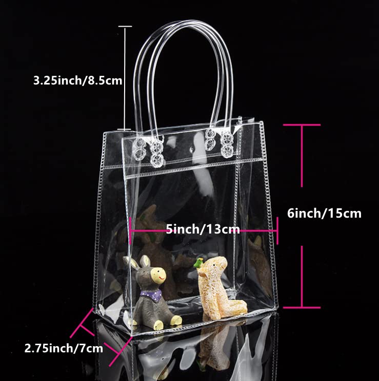 Rikyo 20-Piece Clear Plastic Gift Bags with Handles & Button - Reusable Transparent PVC Tote Bags for Wedding Favors, Baby Showers, Bridal Parties, Shopping & Gift Wrapping (6x5x2.75 Inches) - Perfect for Party Favors, Holiday Gifts & Retail Packaging