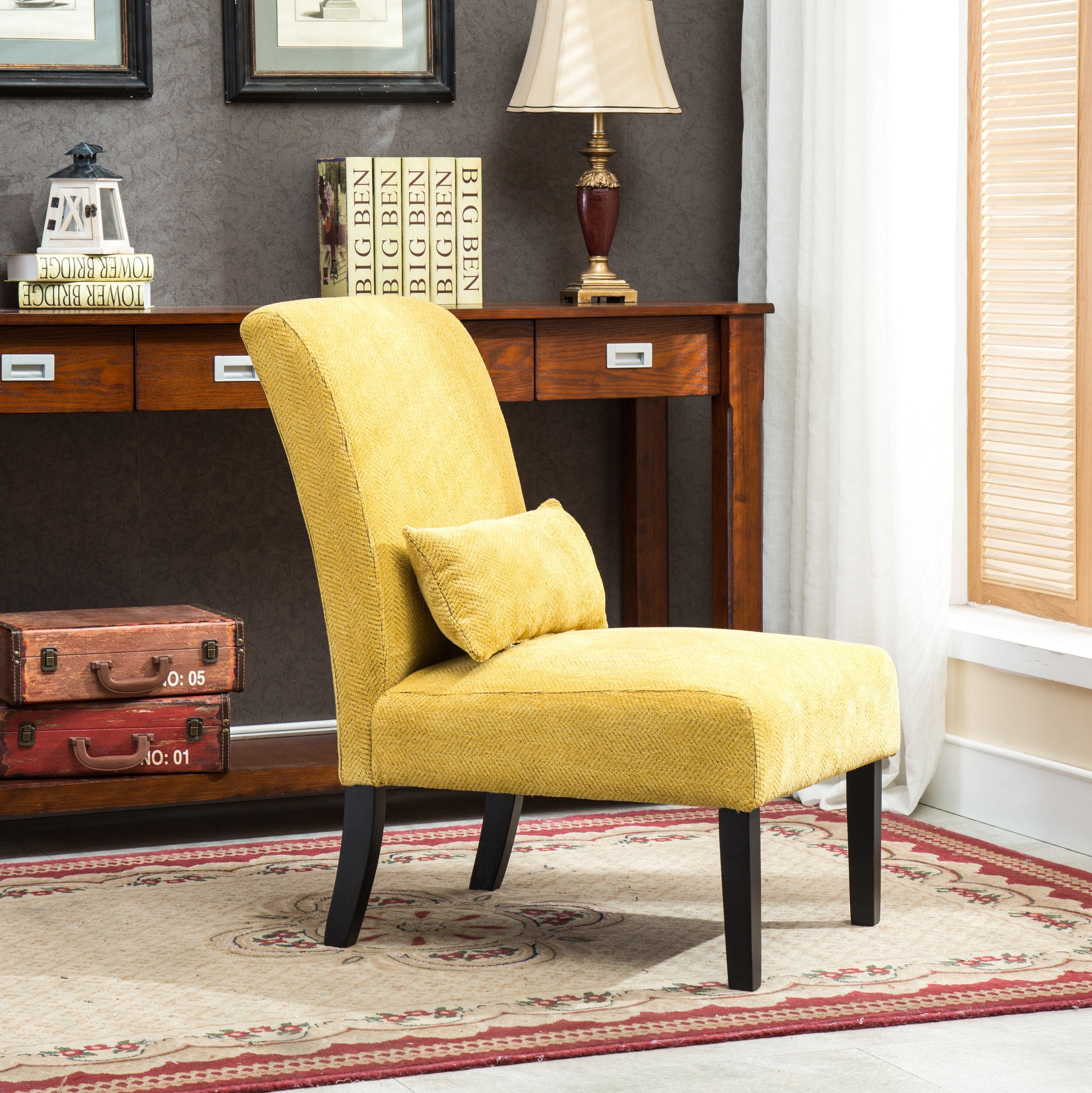 Roundhill Furniture Pisano Chenille Fabric Armless Contemporary Accent Chair with Matching Kidney Pillow - Modern Living Room Seating for Small Spaces, Home Office & Reading Nook