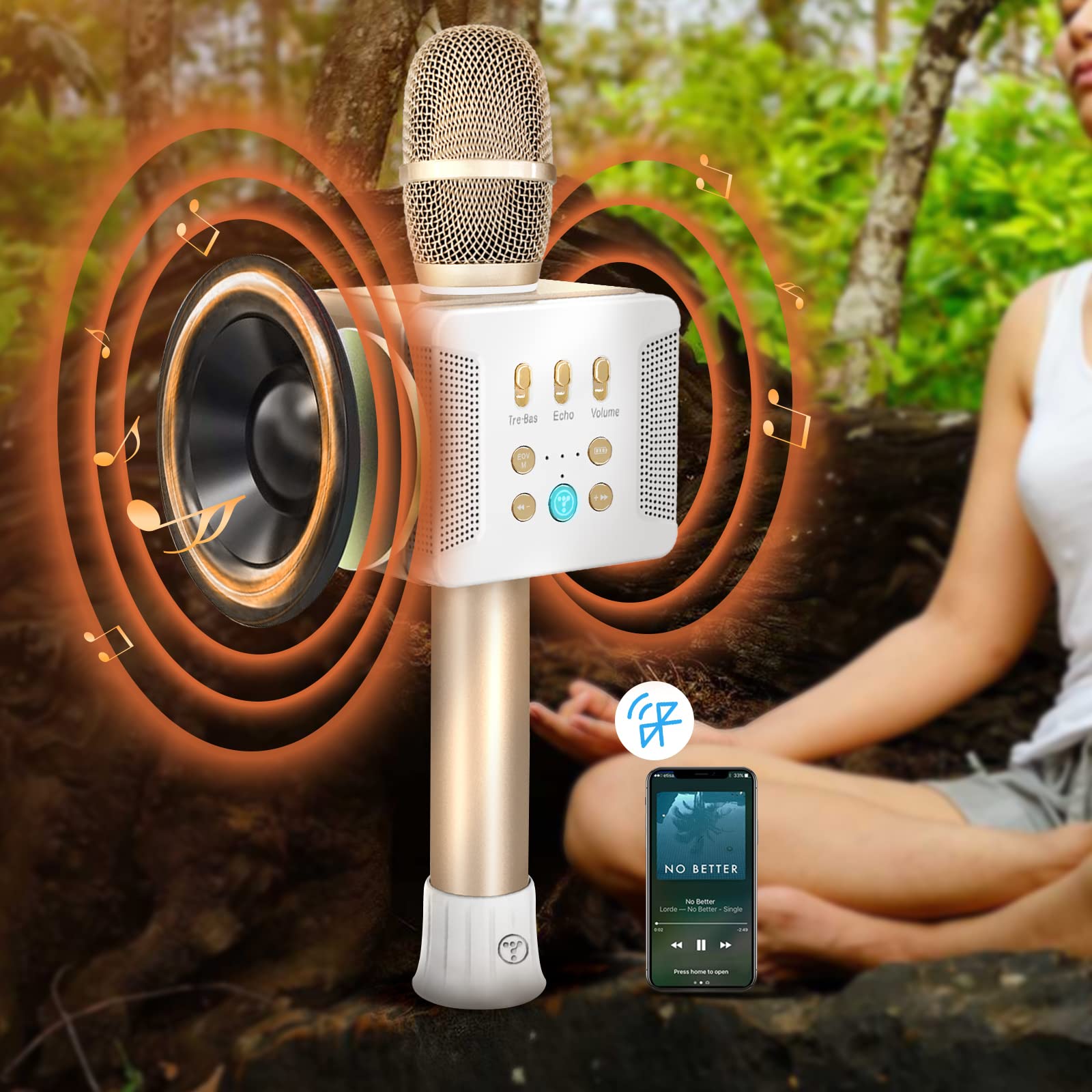 TOSING 016 Wireless Karaoke Microphone for Adults - 20W Bluetooth Speaker with Bass, 4000mAh Battery, Dual 58mm Woofer - Perfect for Home Singing, Podcasting & Parties (Gold)