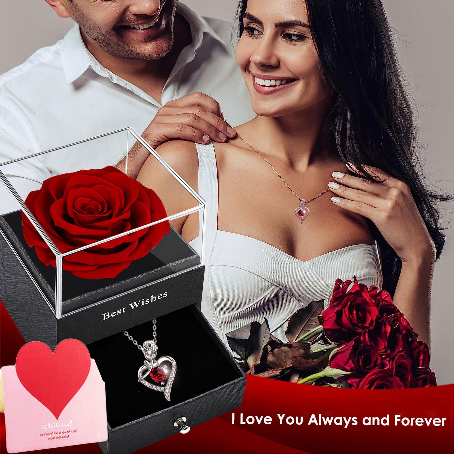 Real Preserved Rose Box with Austrian Crystal Necklace - S925 Heart Gemstone & Ruby Birthstone Pendant - Eternal Rose Gift for Women (Mother's Day, Anniversary, Valentine's Day) - Romantic Home Decor & Jewelry Storage