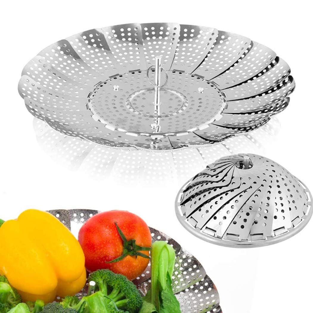 Premium Stainless Steel Foldable Vegetable Steamer Basket – Expandable 5.5 to 9 Inches for Cooking Veggies, Seafood & Dumplings – Perfect for Healthy Meals, Vegan Diets & Kitchen Convenience (Dishwasher Safe)