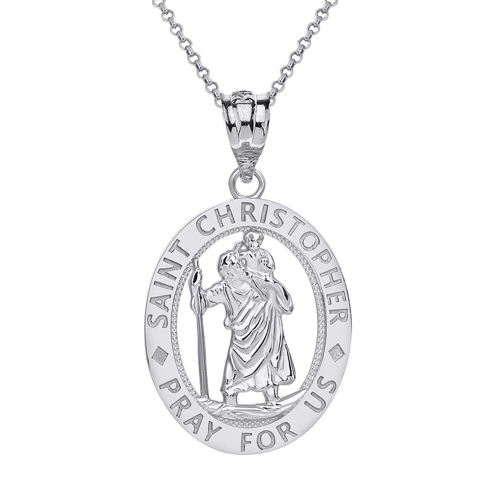 Pray for Us Sterling Silver Saint Christopher Oval Charm Pendant Necklace - Perfect for Religious Gifts, Baptisms & Everyday Faith Jewelry