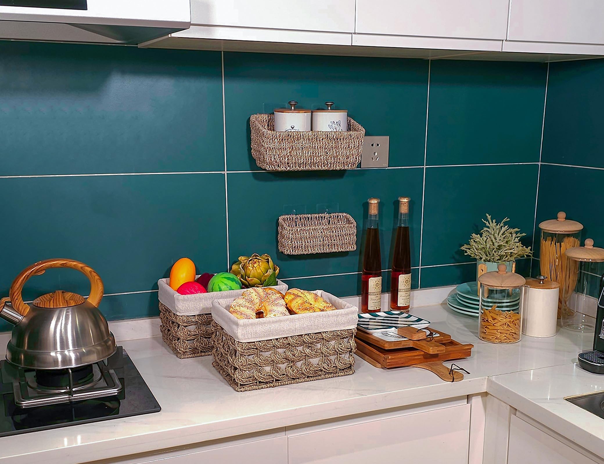 Ellinia Woven Seagrass Storage Basket Set of 3 - Natural Rectangular Wicker Bins with Liner & Built-in Handles for Countertop, Shelf & Home Organization | Perfect for Bathroom, Living Room & Bedroom Storage