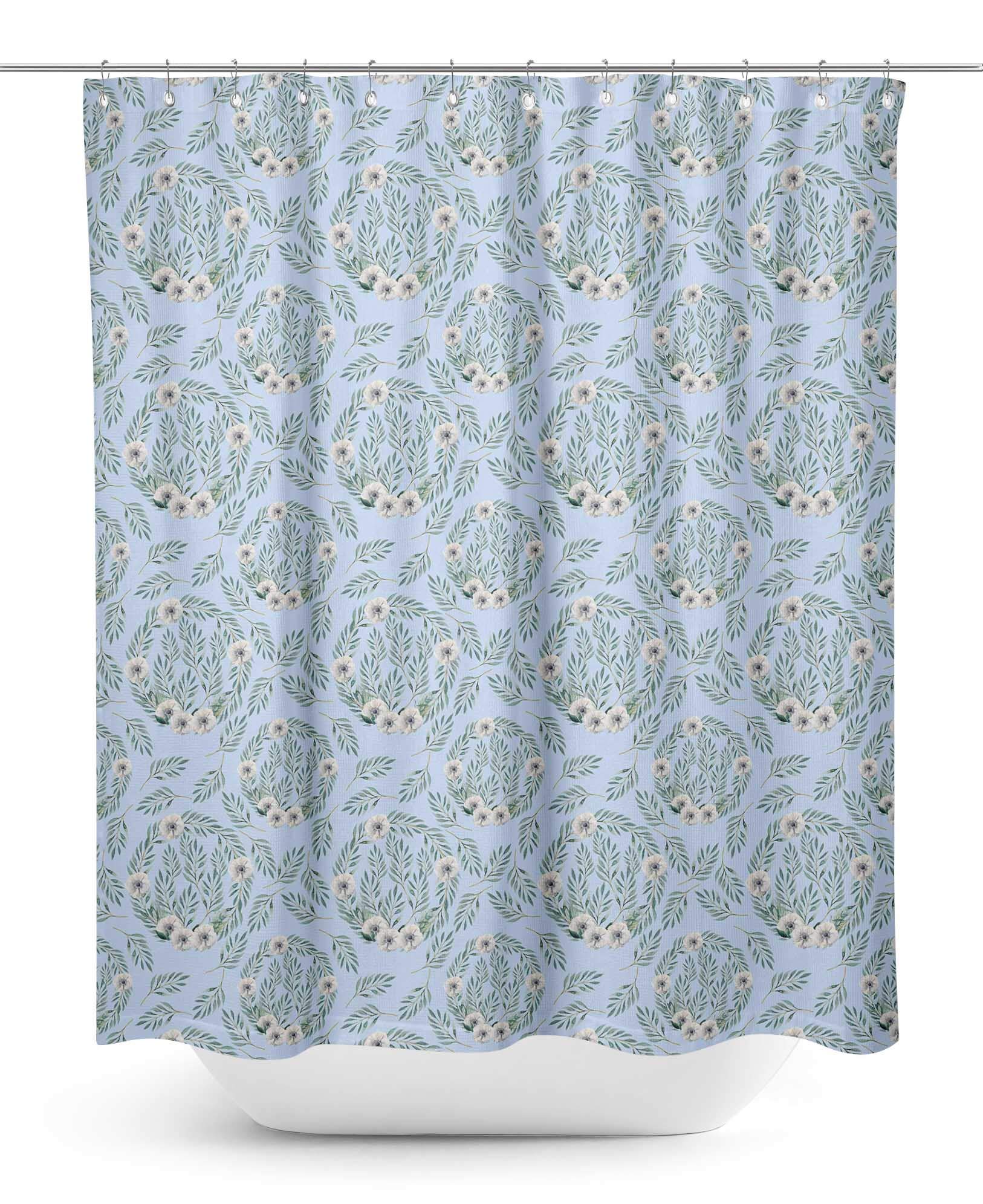 Waterproof Blue Anemone & Leaves Shower Curtain 60x75 Inch - Bathroom Decor, Mold & Mildew Resistant - Perfect for Coastal, Nautical & Beach Themed Bathrooms