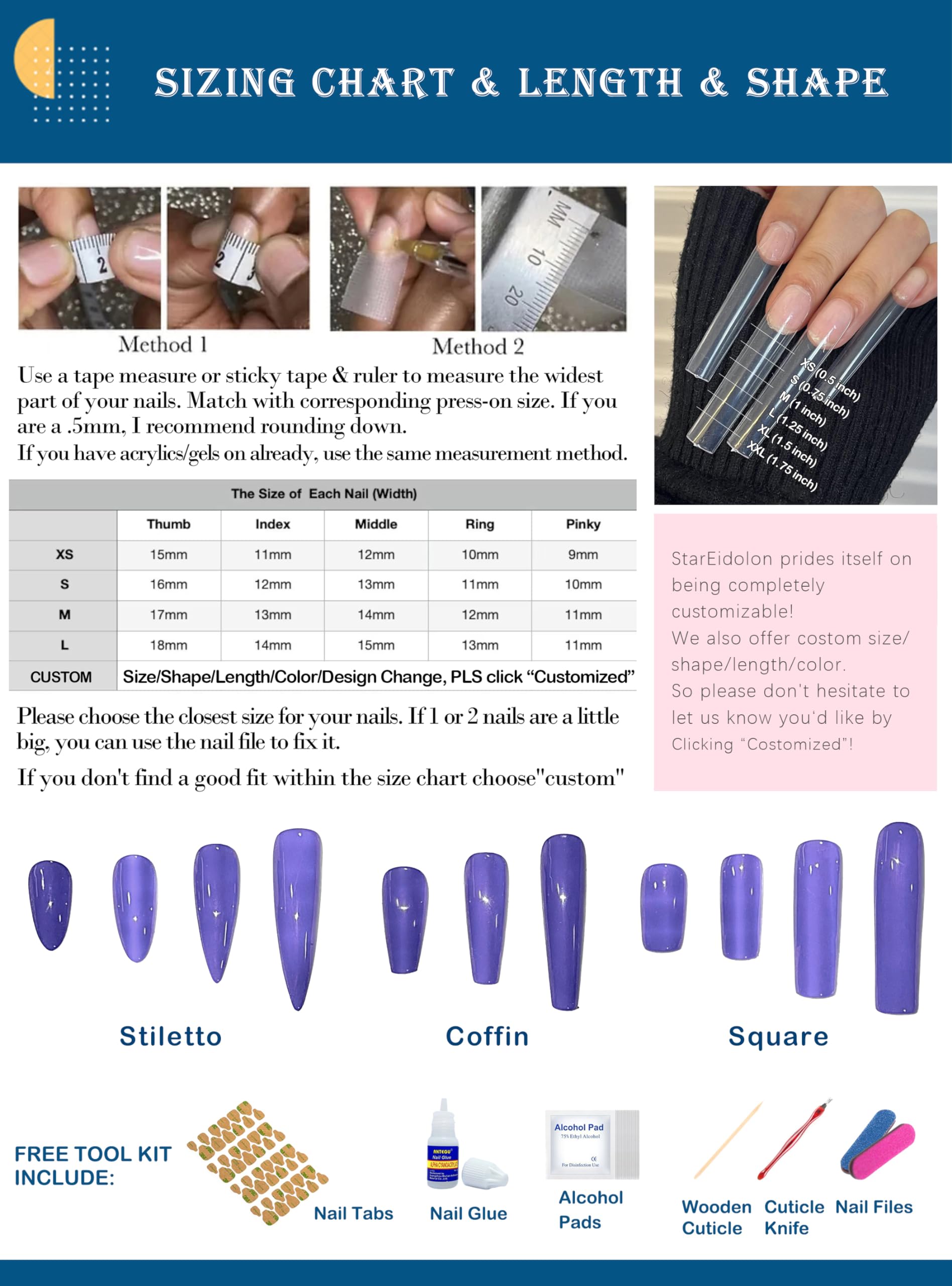 Hand-Painted Purple Press on Nails Kit - Medium Length Coffin & Almond False Nails with Nail Glue - X-Small Size (L1) - Perfect for Parties, Weddings, and Special Occasions