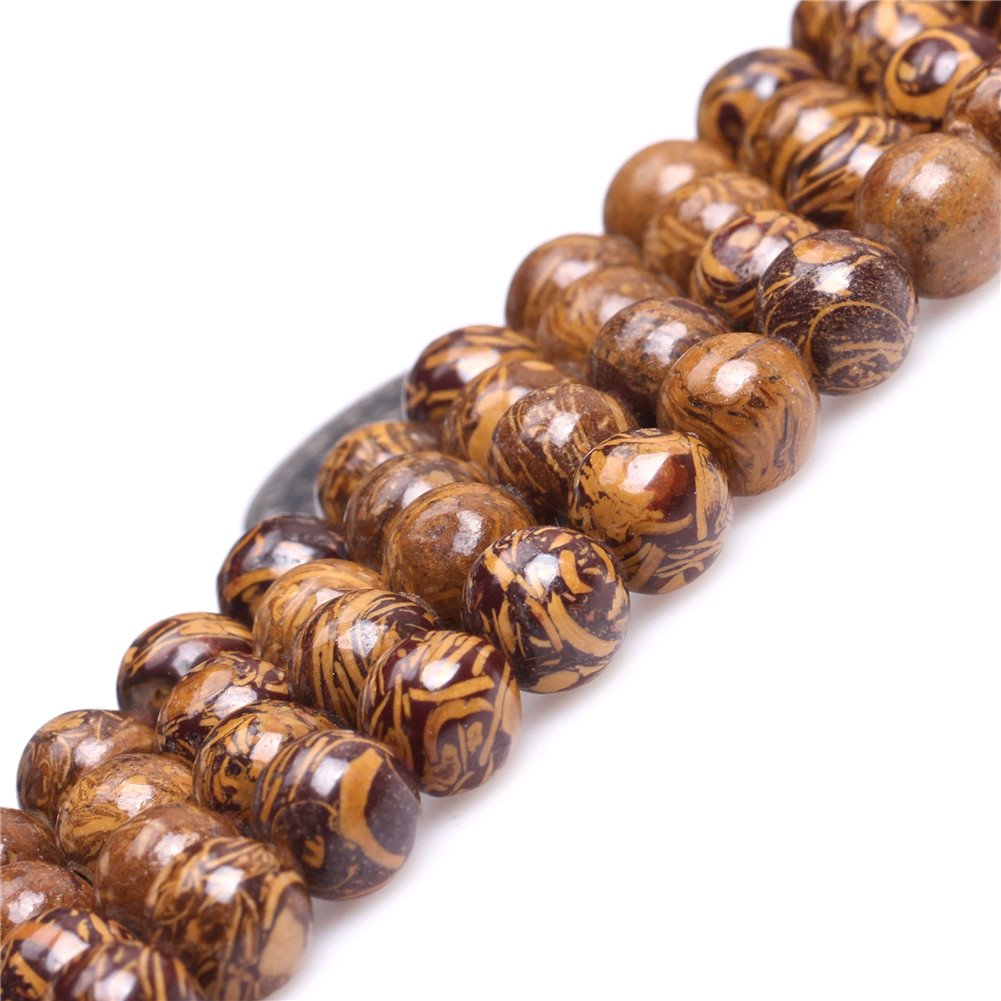 8mm Natural Round Yellow Elephant Skin Jasper Gemstone Beads - 15