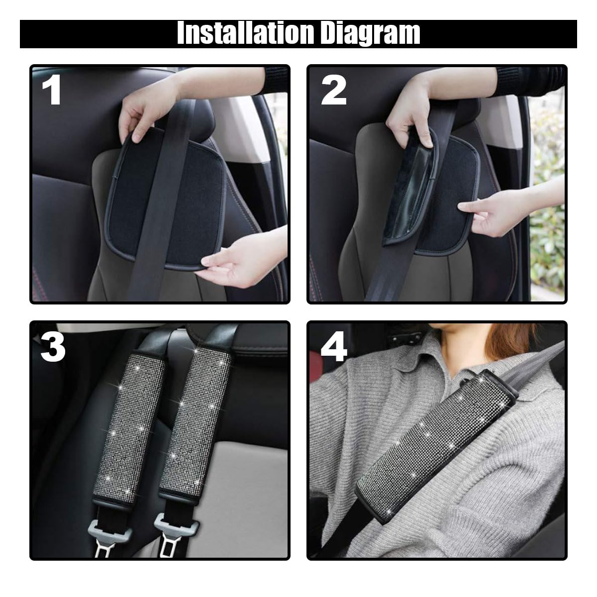 2PCS Rhinestone Bling Car Seat Belt Shoulder Pads - Crystal Diamond Seat Belt Covers for Women, Comfortable Car Seatbelt Strap Pads - Luxury Car Interior Accessories for SUV & Sedan (White Diamond) - Perfect for Daily Commute, Road Trips & Gift Giving