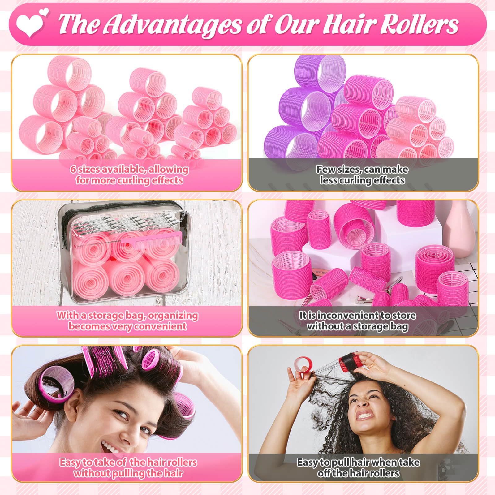 6 Sizes Hair Rollers for Women - 62 Pcs Self Grip Hair Curlers Set for Long, Medium & Short Hair with 36 Rollers, 24 Stainless Steel Clips & Storage Bag - Perfect for Salon Styling, Home Use & Travel