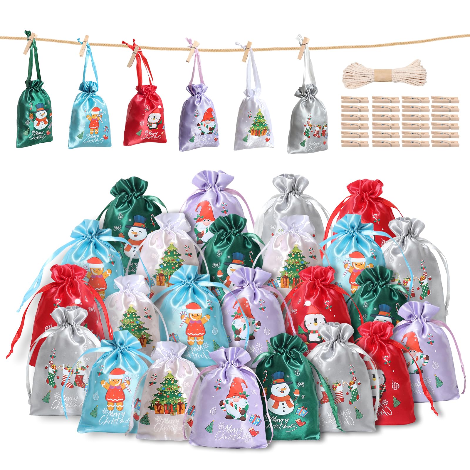 24-Piece Small Christmas Drawstring Bags - Elegant Satin Holiday Treat Bags Bulk for Advent Calendar, Winter Party Favors & Gift Wrapping | Perfect for Candy, Small Gifts & Stocking Stuffers