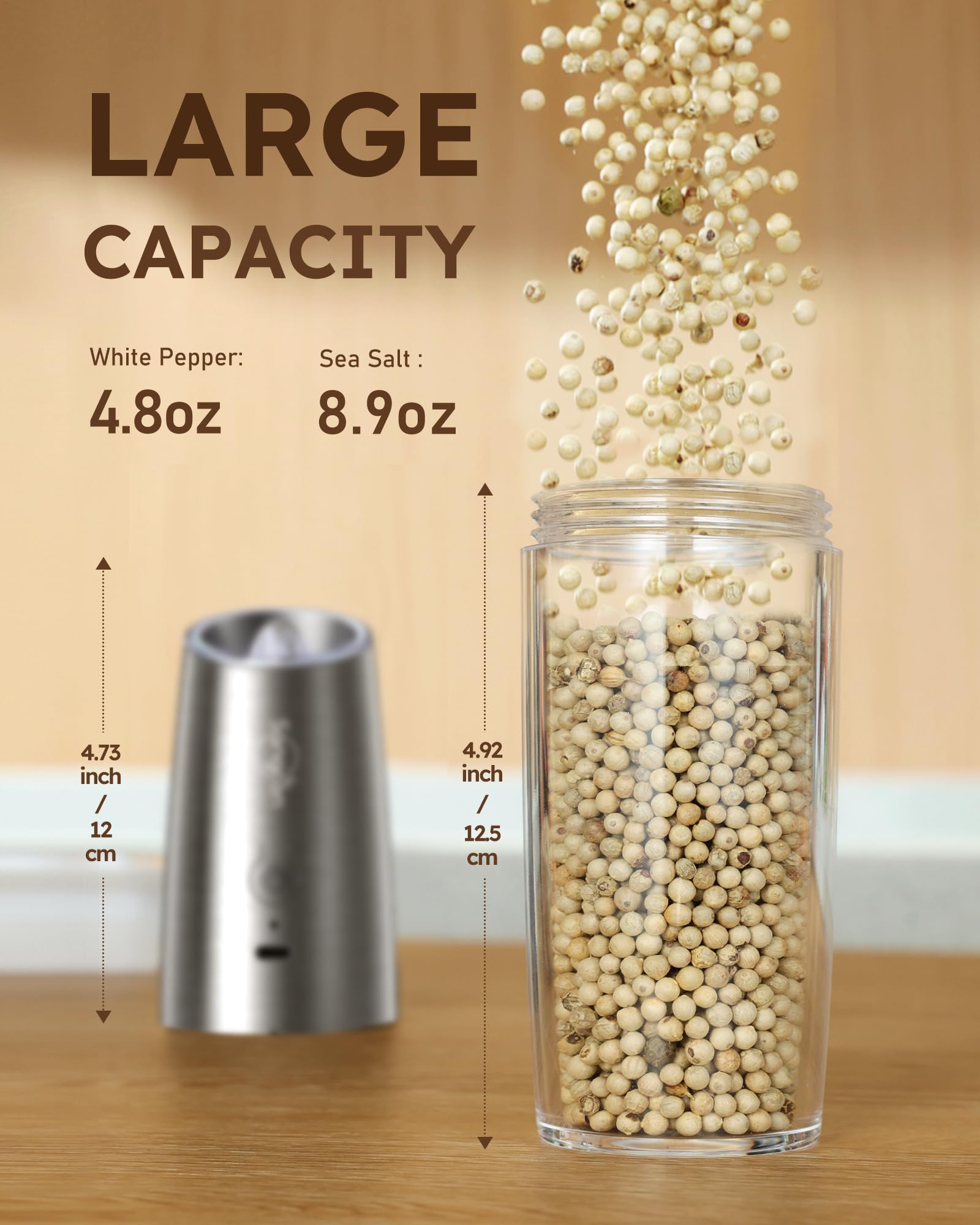 Sangcon Gravity Electric Salt and Pepper Grinder Set - Rechargeable USB-C 9oz XL Capacity, One-Hand Operation, Adjustable Coarseness, Automatic Mill for Kitchen, Dining Table, Camping & Travel